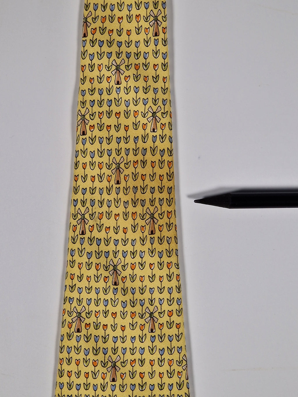Hermès silk tie yellow tulips and windmills 7970 EA