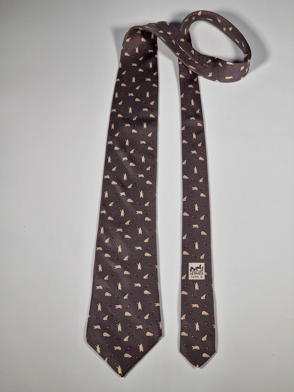 Hermès silk tie grey whimsical butterflies and bear 7973 EA