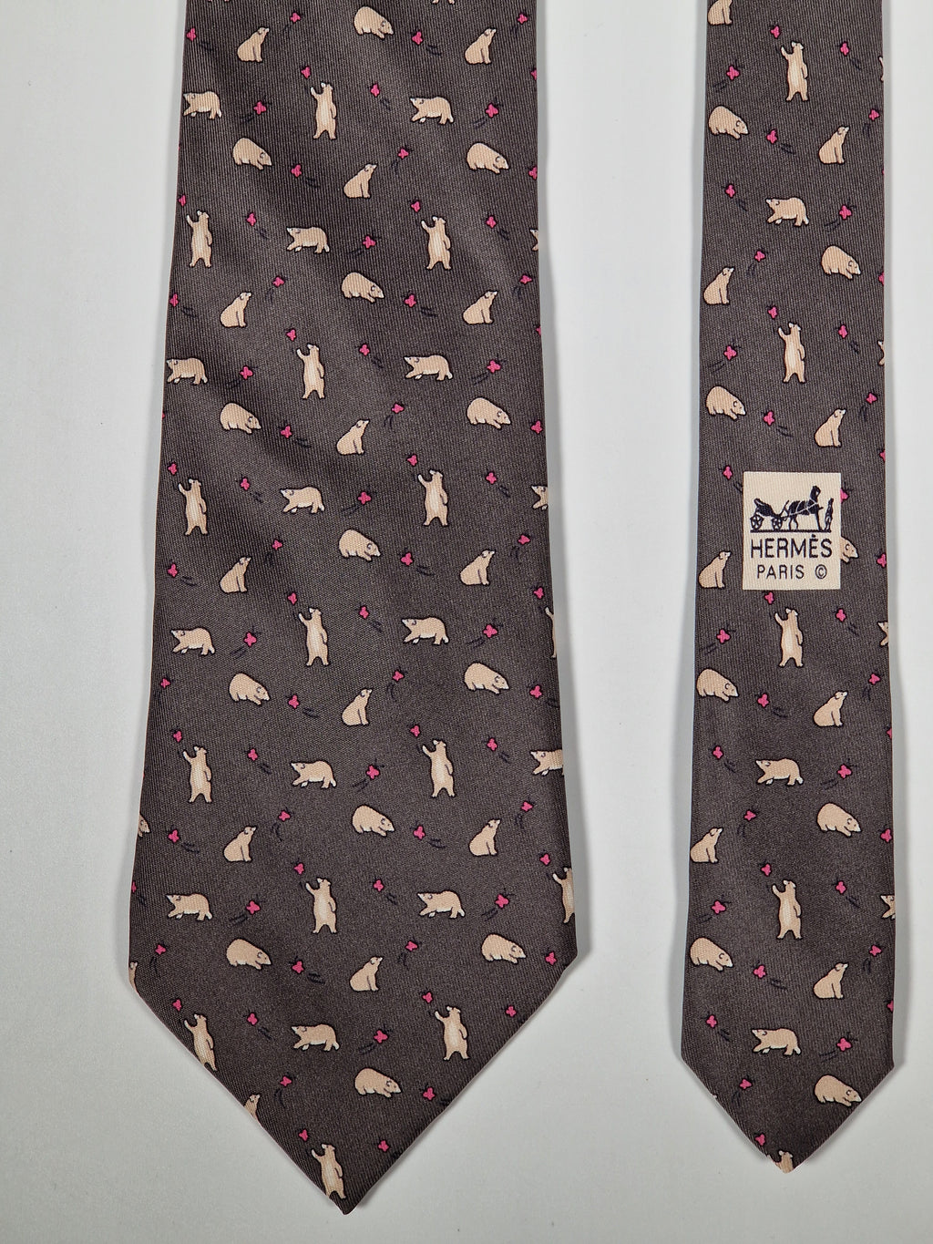 Hermès silk tie grey whimsical butterflies and bear 7973 EA