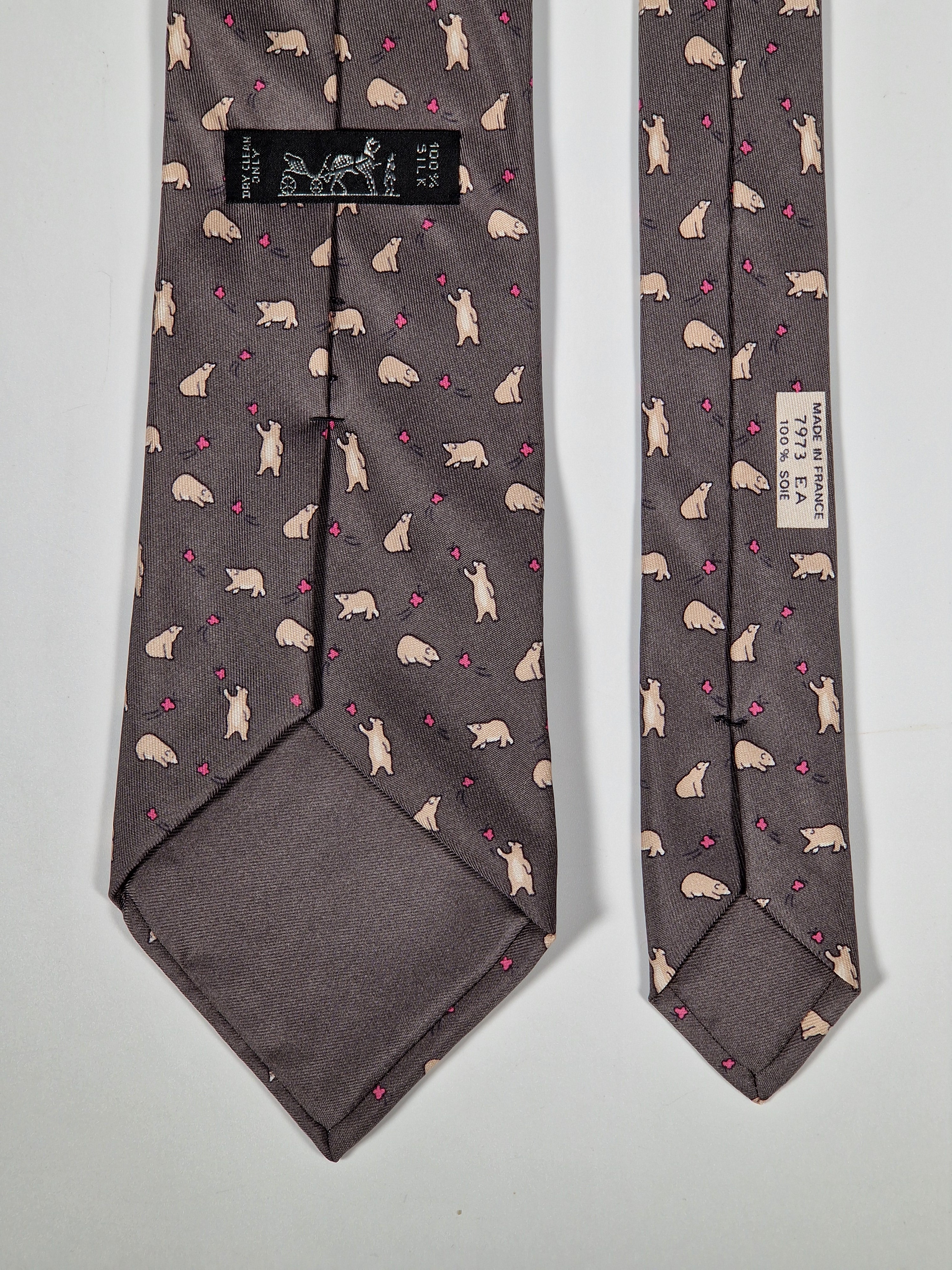 Hermès silk tie grey whimsical butterflies and bear 7973 EA