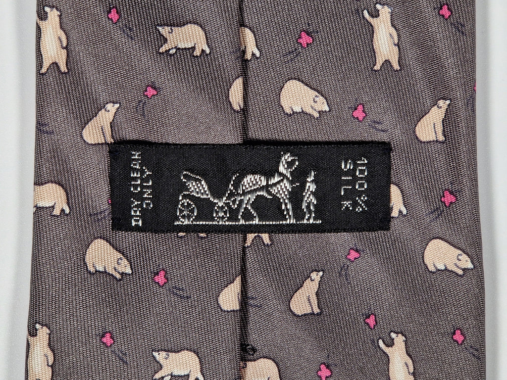 Hermès silk tie grey whimsical butterflies and bear 7973 EA