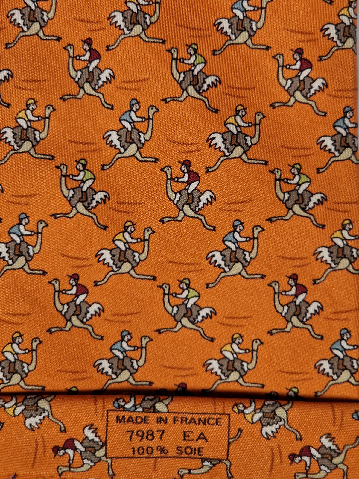 007987 Hermès tie orange ostrich jockey 7987 EA