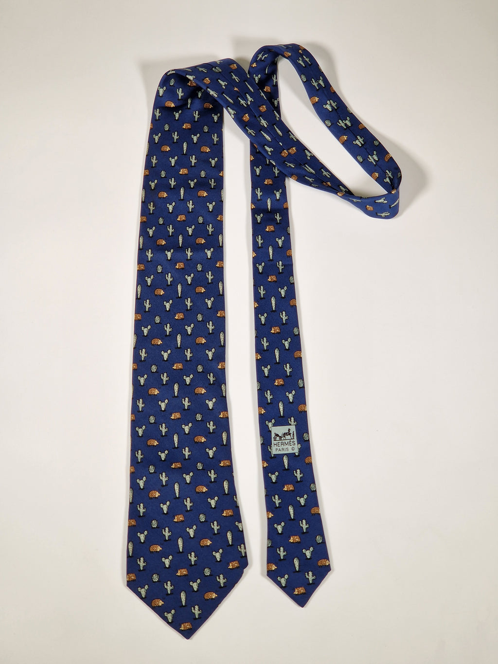 007988b Hermès tie blue whimsical hedgehog and cactus Hermès 7988 EA tie blue