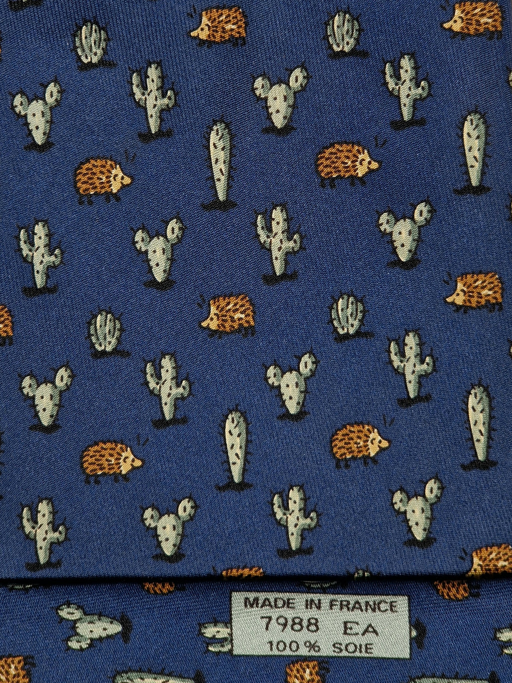 007988b Hermès tie blue whimsical hedgehog and cactus Hermès 7988 EA tie blue