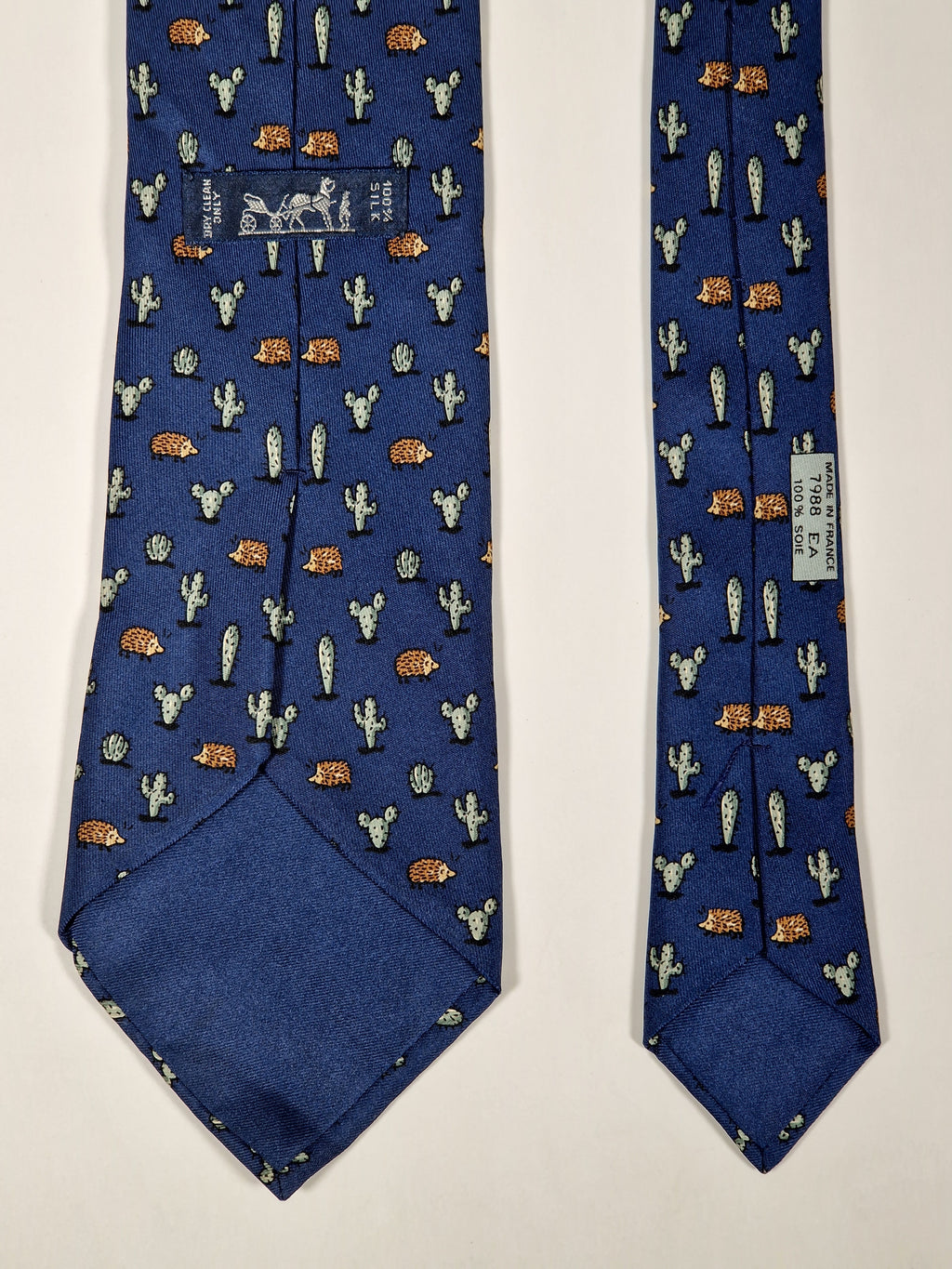 007988b Hermès tie blue whimsical hedgehog and cactus Hermès 7988 EA tie blue