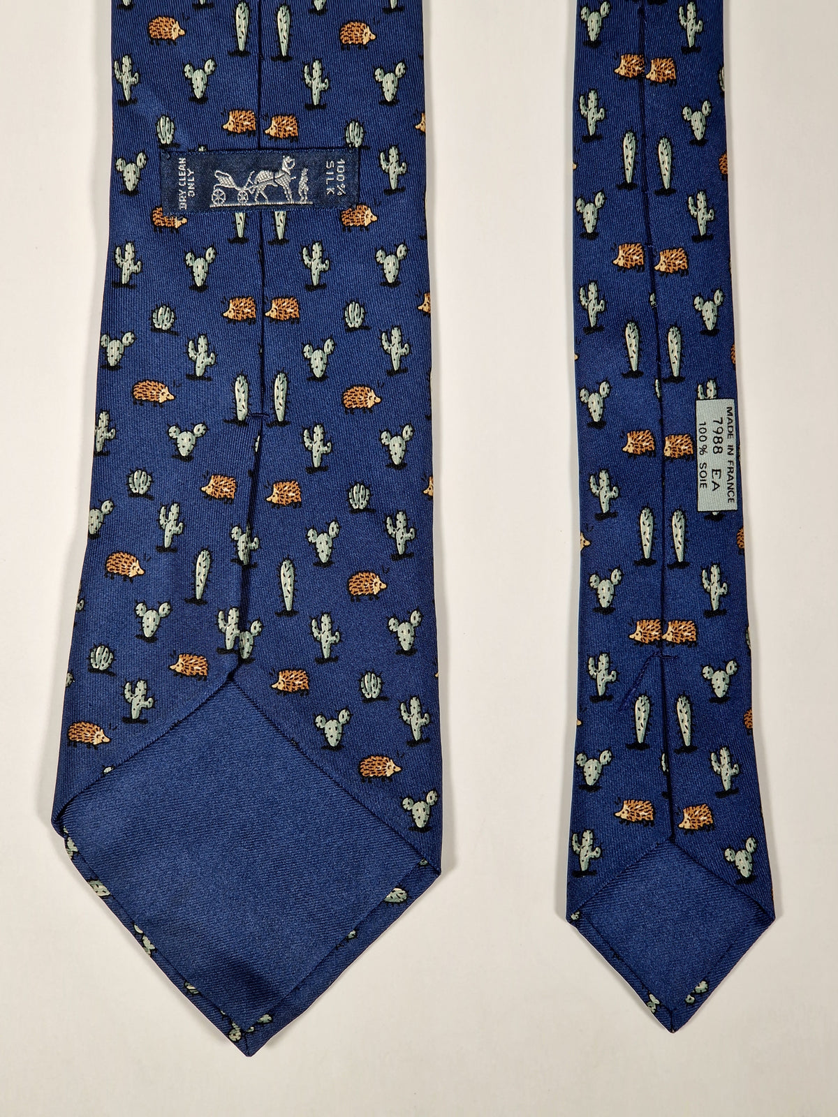 007988b Hermès tie blue whimsical hedgehog and cactus Hermès 7988 EA tie blue