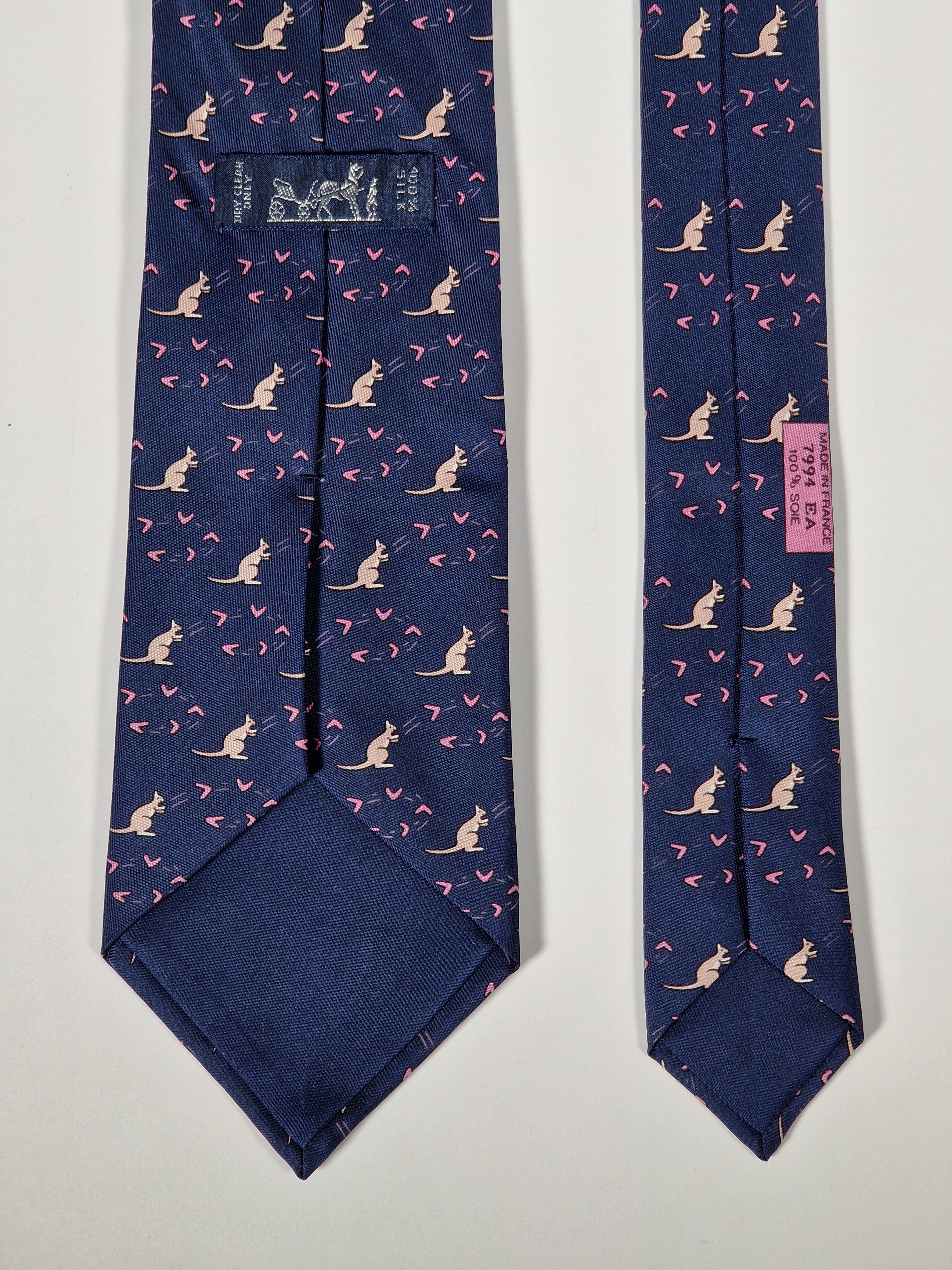 Hermès silk tie blue kangaroo and boomerang whimsical pattern 7994 EA