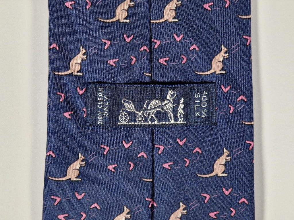 Hermès silk tie blue kangaroo and boomerang whimsical pattern 7994 EA