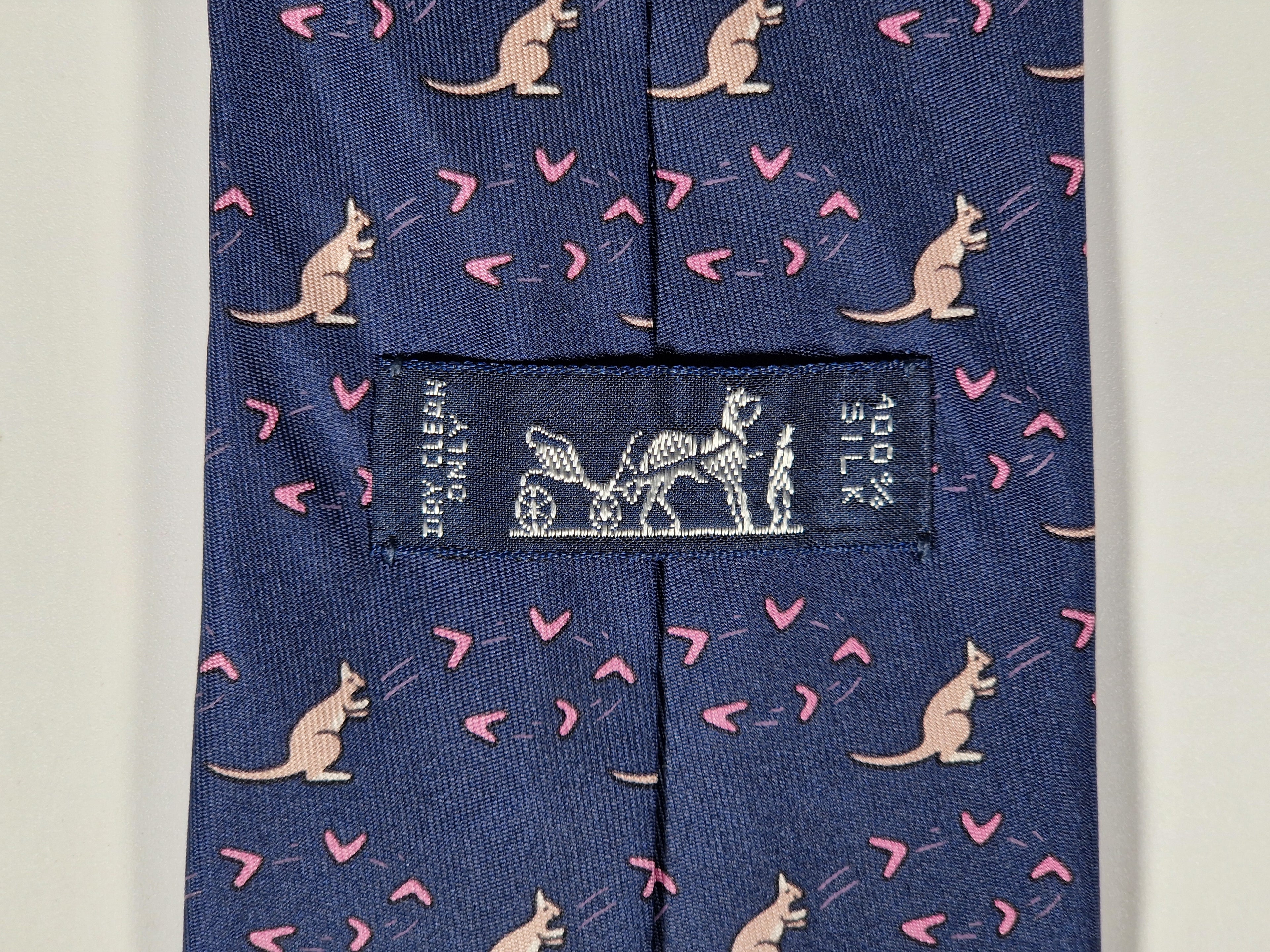 Hermès silk tie blue kangaroo and boomerang whimsical pattern 7994 EA