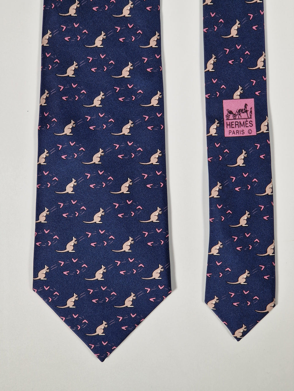 Hermès silk tie blue kangaroo and boomerang whimsical pattern 7994 EA