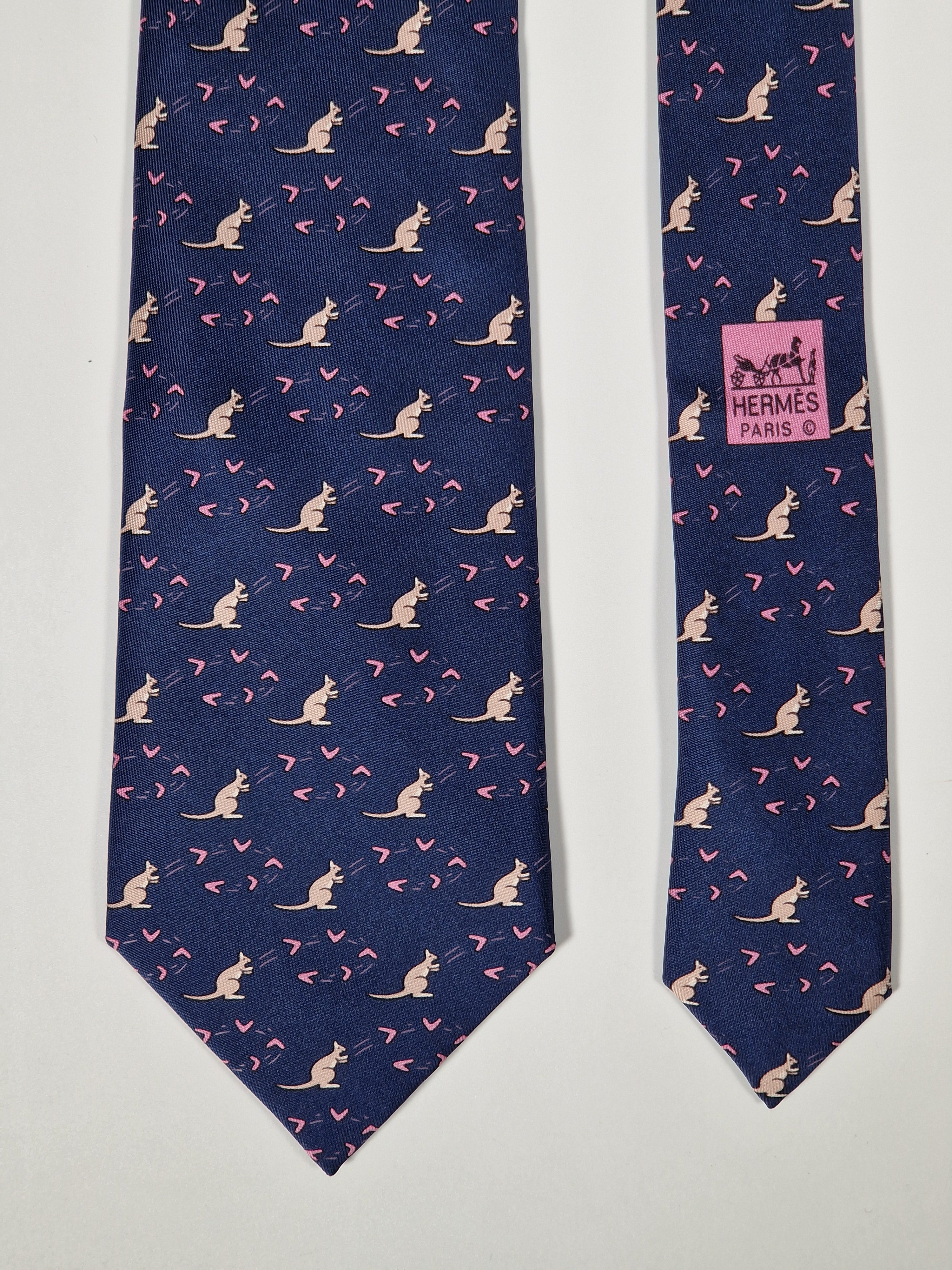 Hermès silk tie blue kangaroo and boomerang whimsical pattern 7994 EA