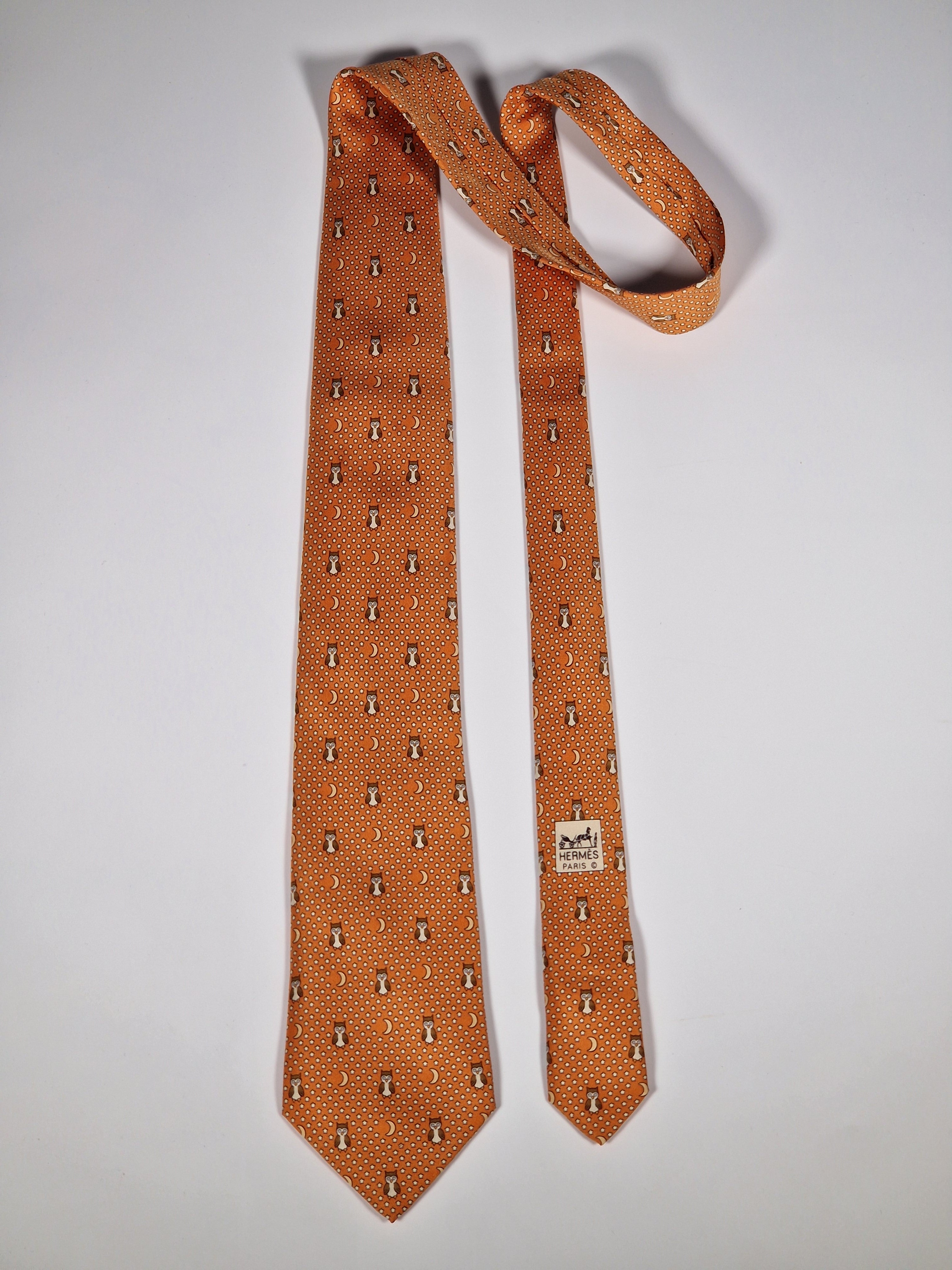 Hermès silk tie orange owl whimsical pattern 7997 EA
