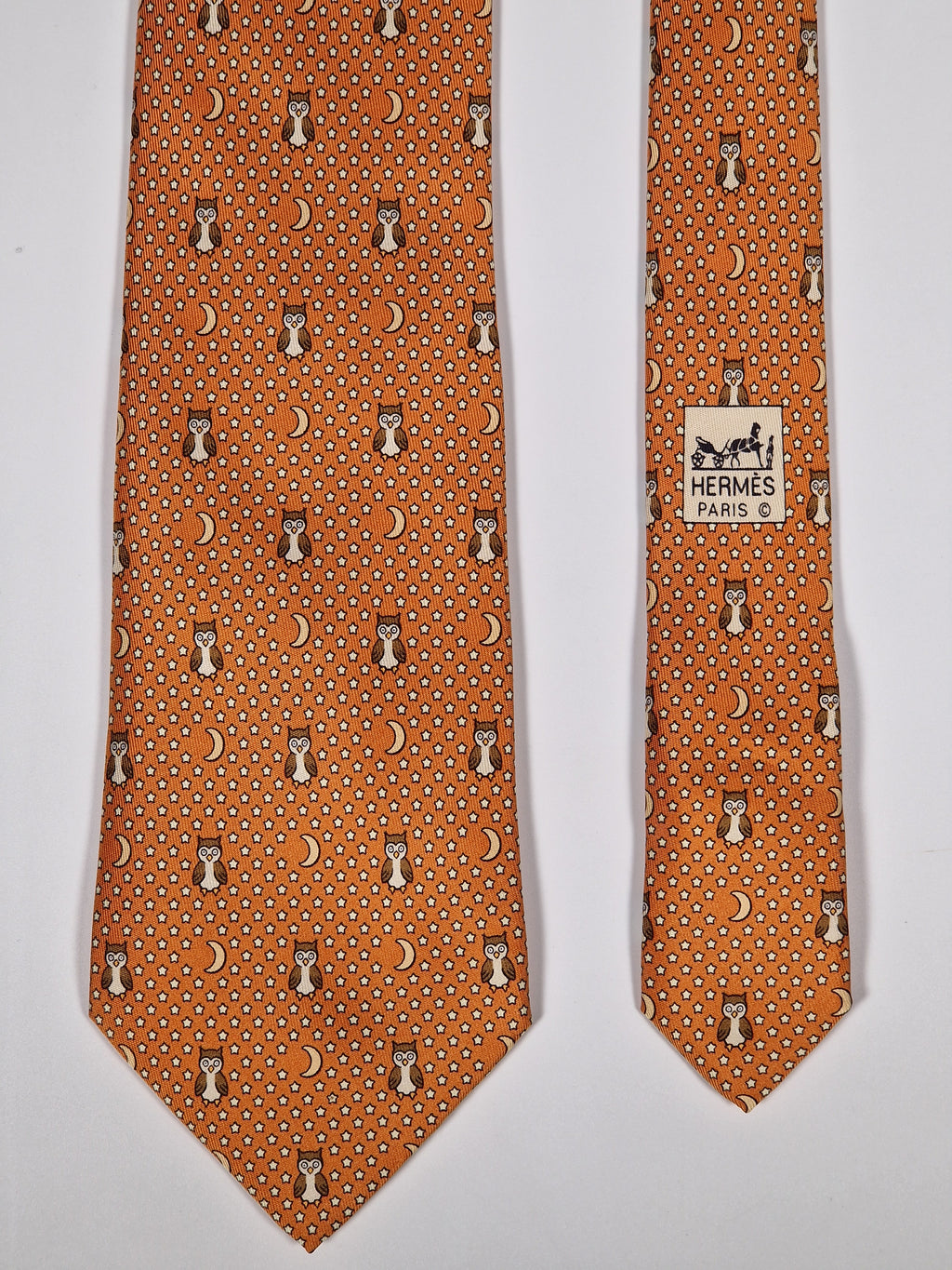 Hermès silk tie orange owl whimsical pattern 7997 EA