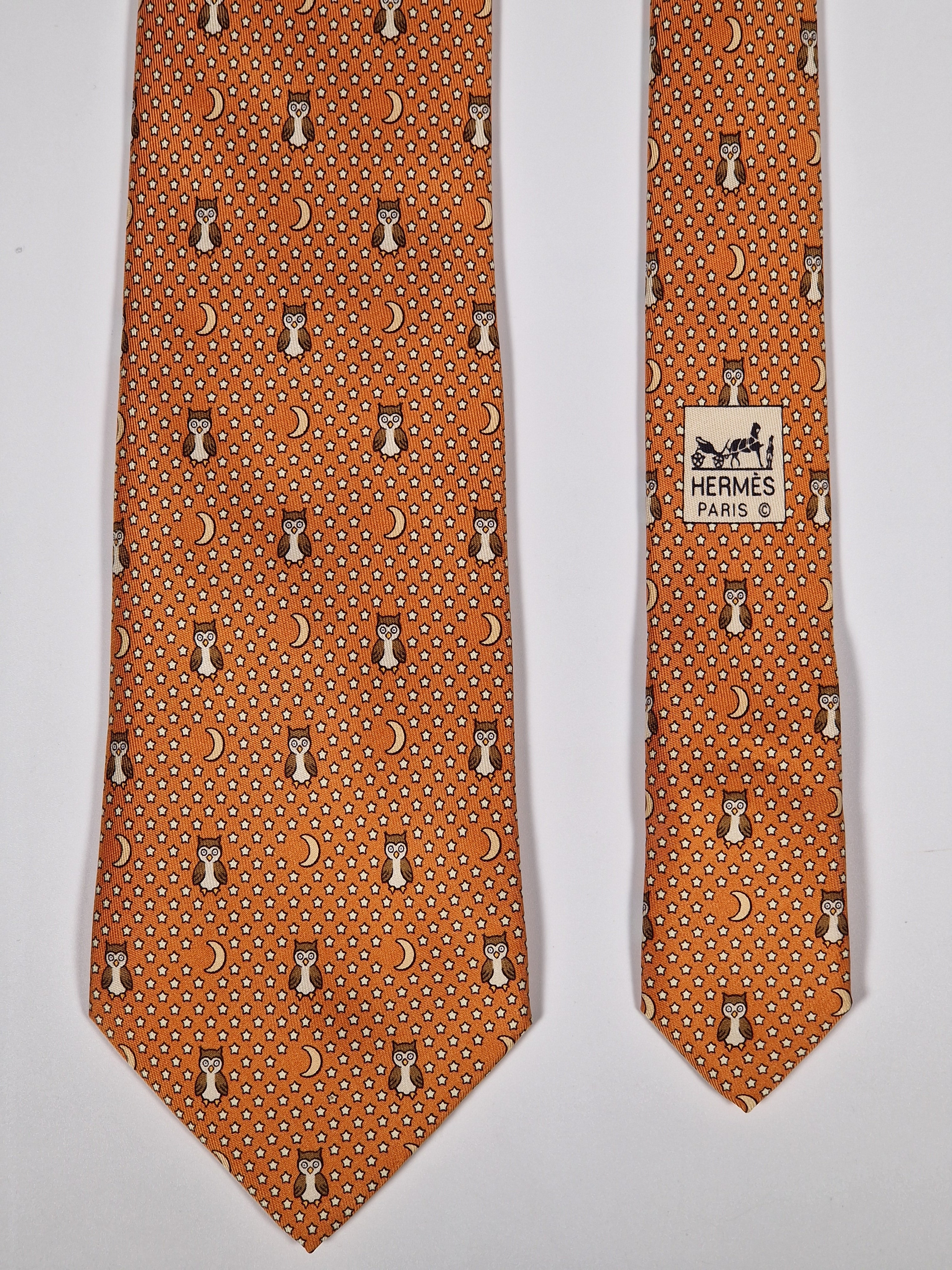 Hermès silk tie orange owl whimsical pattern 7997 EA