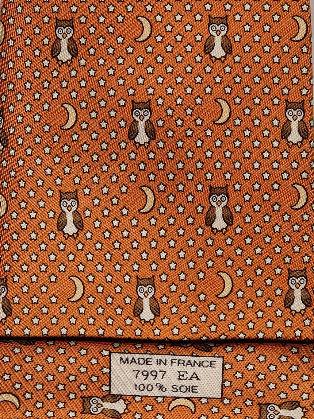 Hermès silk tie orange owl whimsical pattern 7997 EA