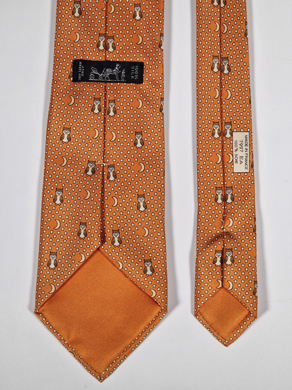 Hermès silk tie orange owl whimsical pattern 7997 EA