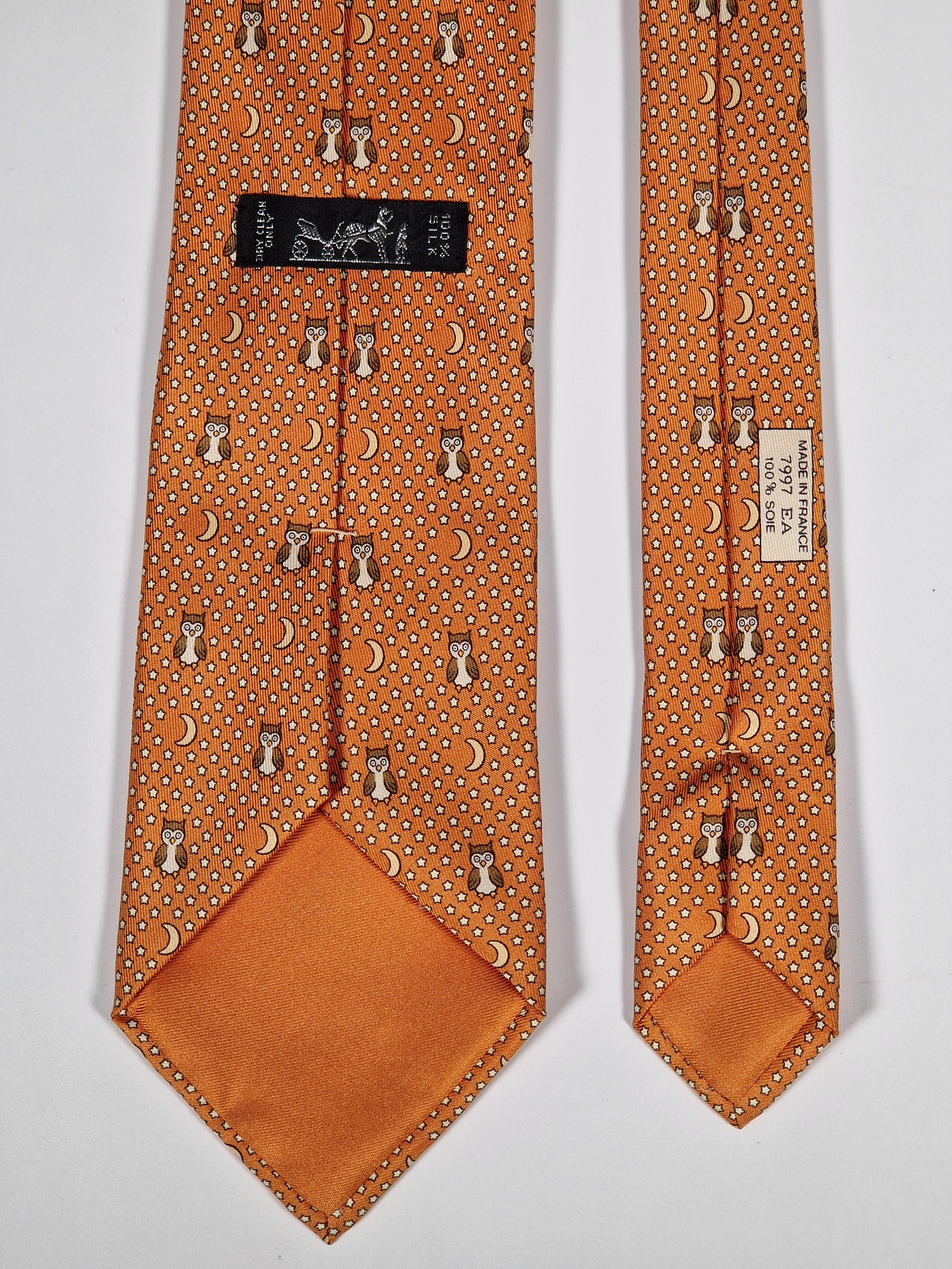 Hermès silk tie orange owl whimsical pattern 7997 EA