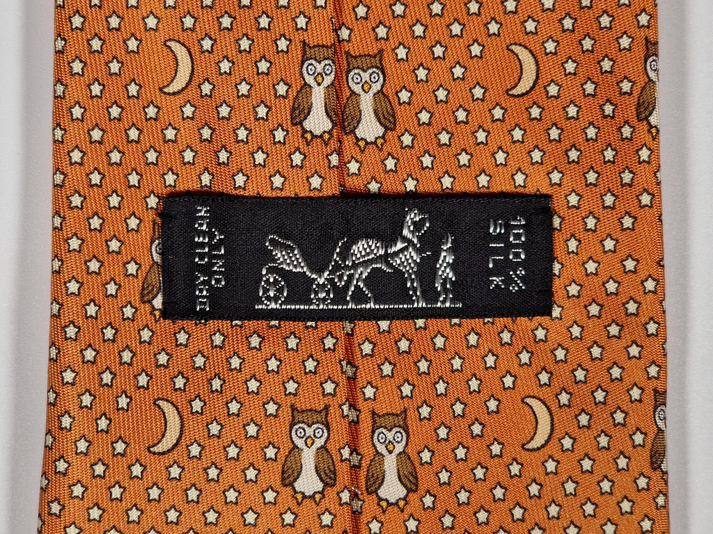 Hermès silk tie orange owl whimsical pattern 7997 EA