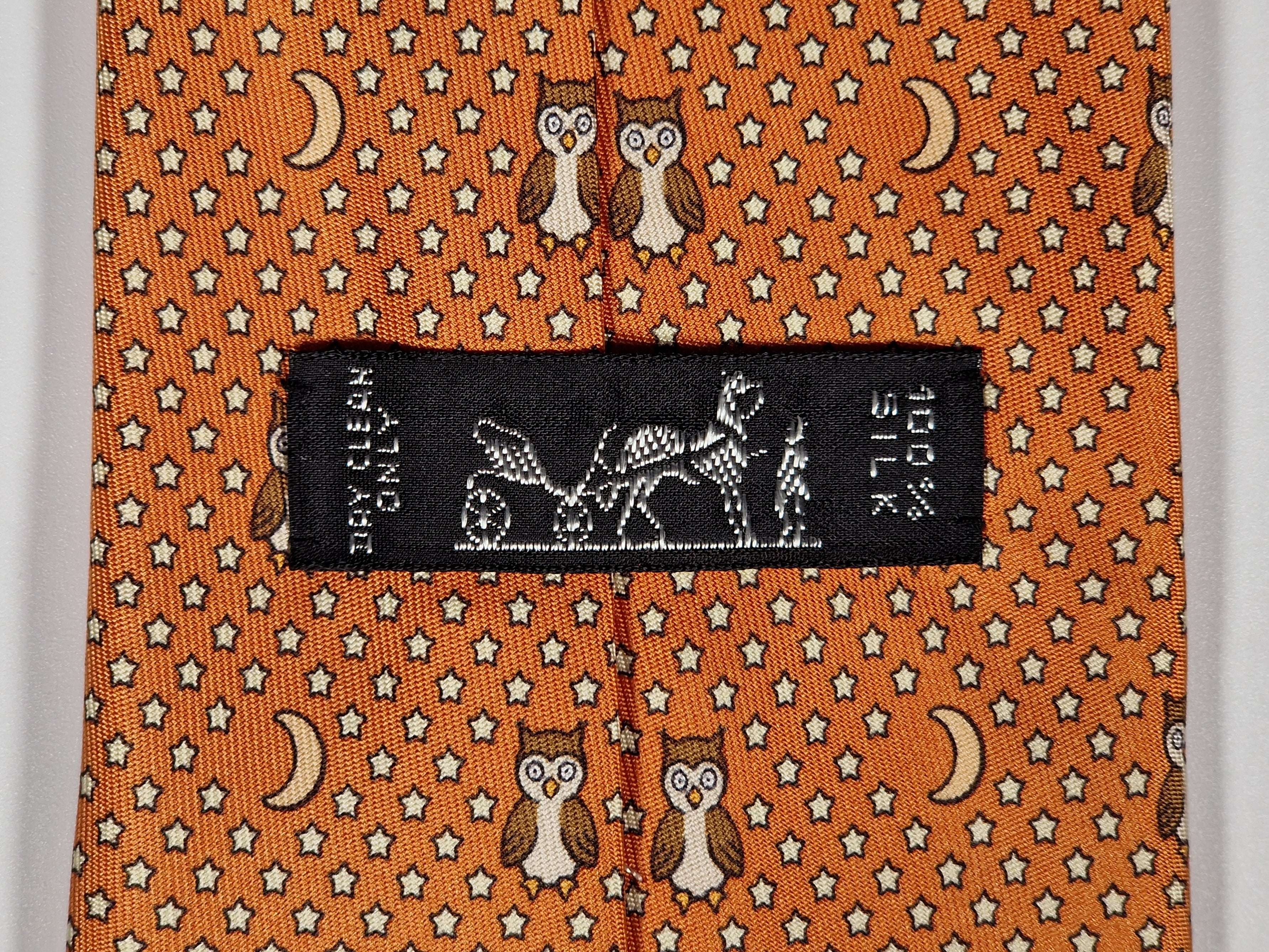 Hermès silk tie orange owl whimsical pattern 7997 EA