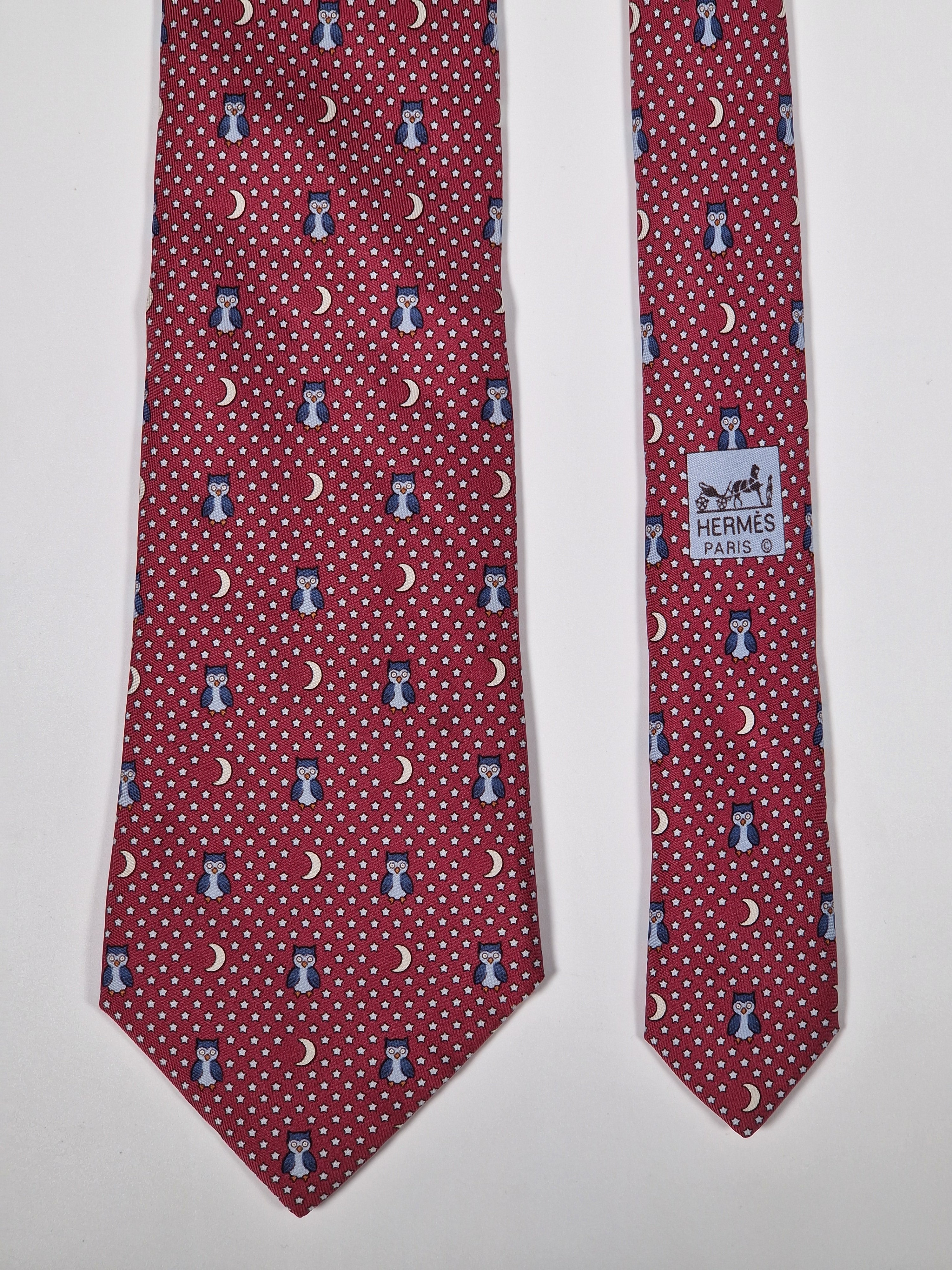 Hermès silk tie red whimsical owl and night pattern 7997 EA
