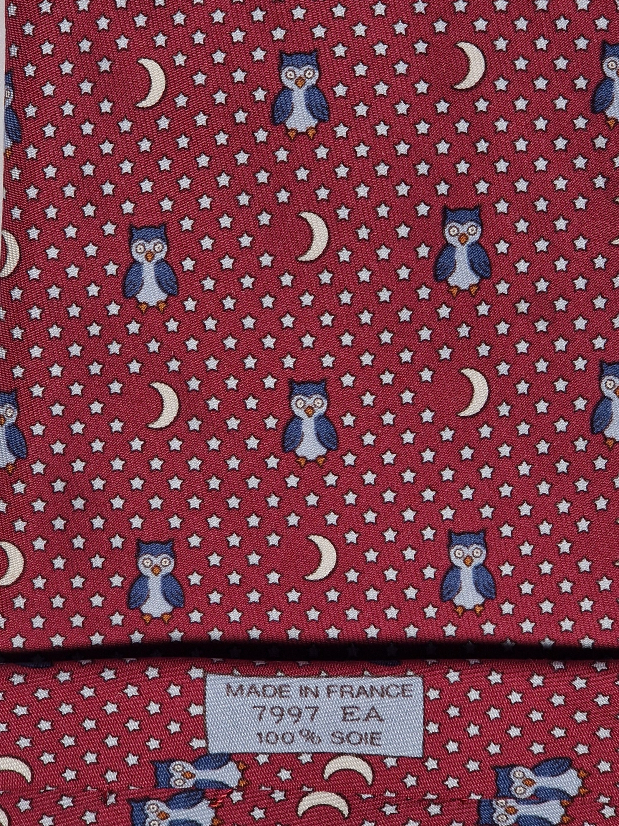 Hermès silk tie red whimsical owl and night pattern 7997 EA
