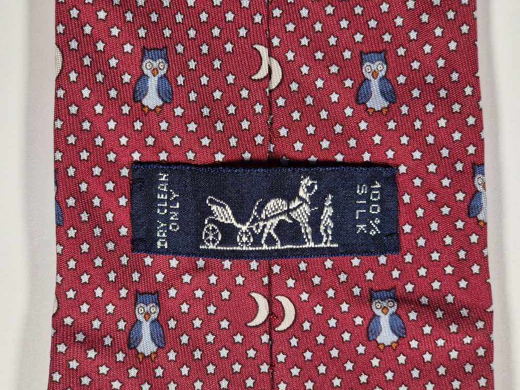 Hermès silk tie red whimsical owl and night pattern 7997 EA
