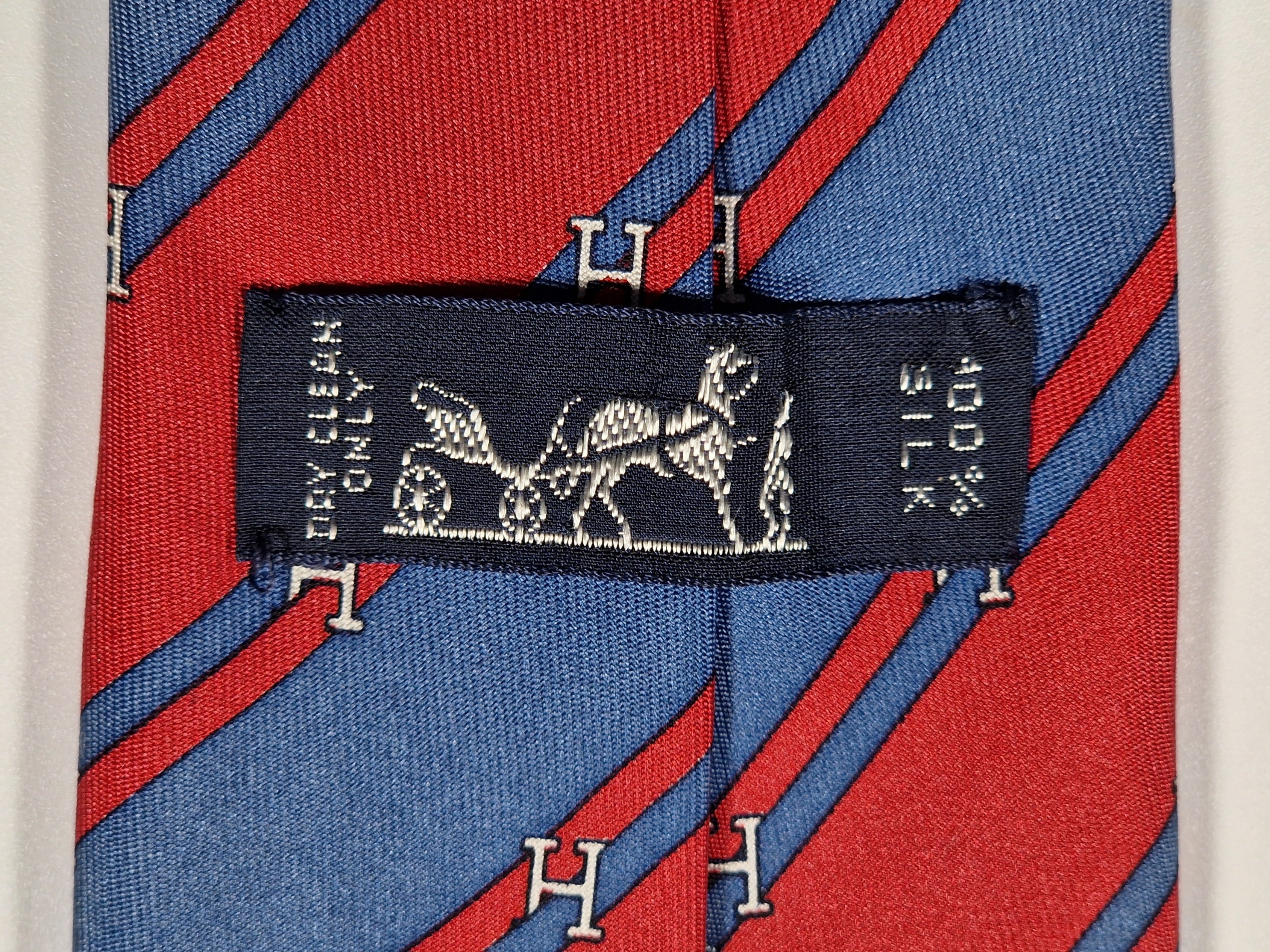 Hermès silk tie red and blue striped H pattern 958 IA