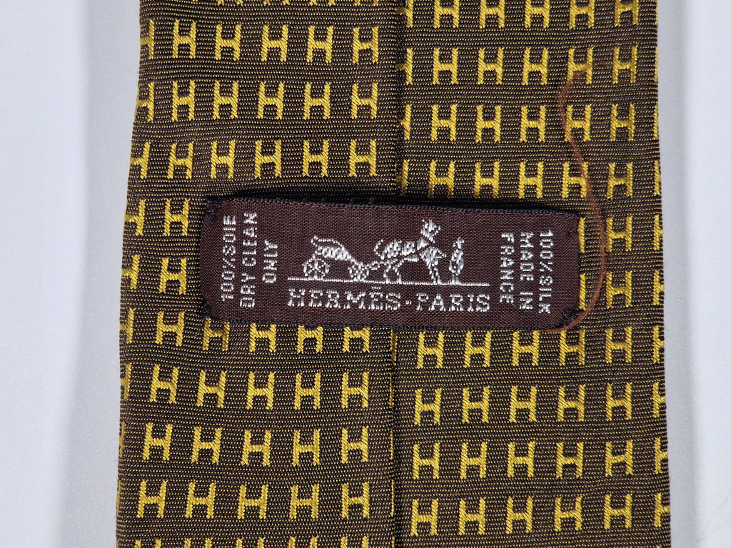 Hermés silk tie Brown Yellow metallic Facconee H