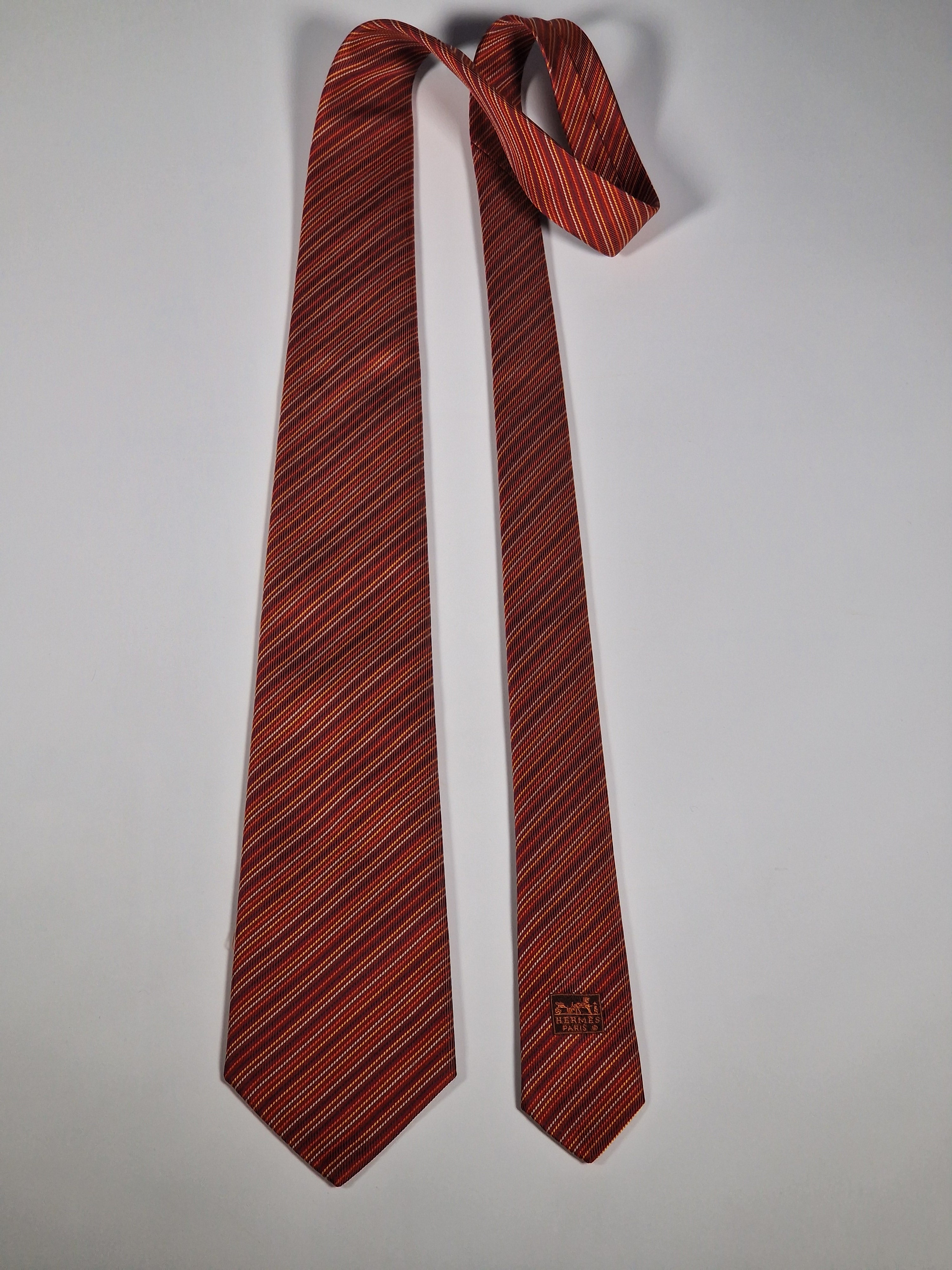 Vintage Hermès jaquard silk tie orange striped Hermès No Code tie red