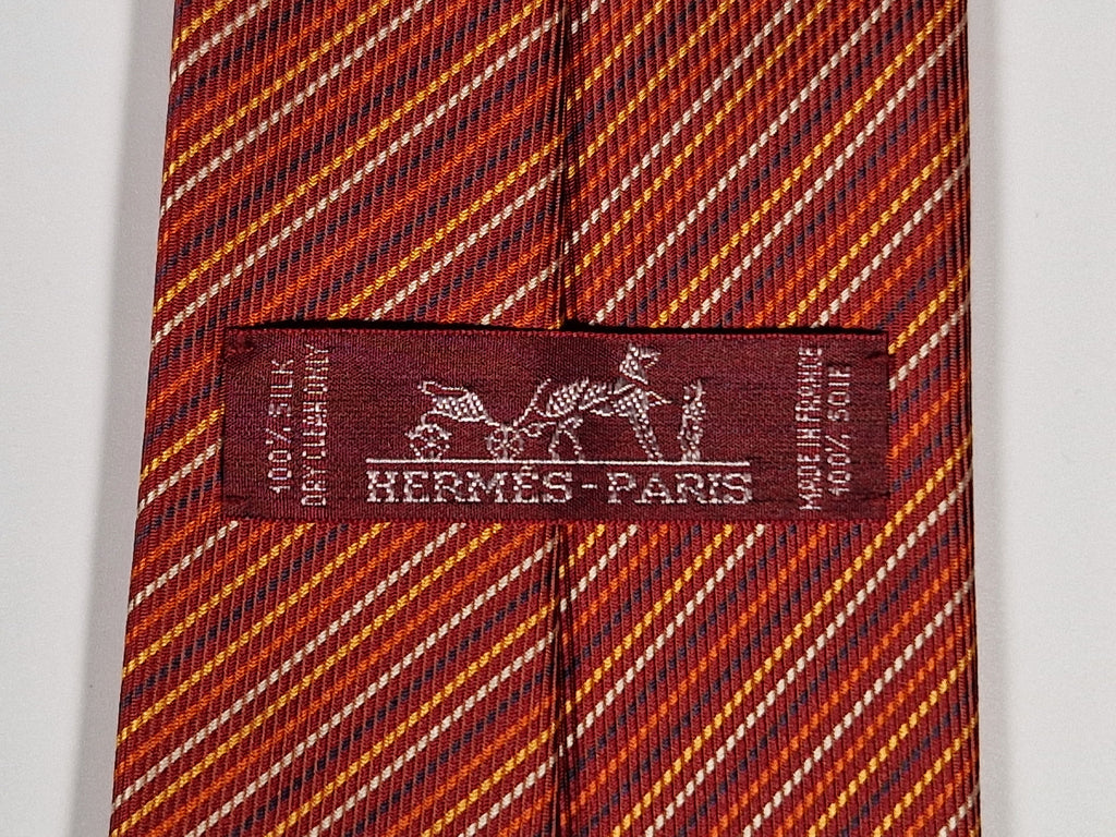 Vintage Hermès jaquard silk tie orange striped Hermès No Code tie red