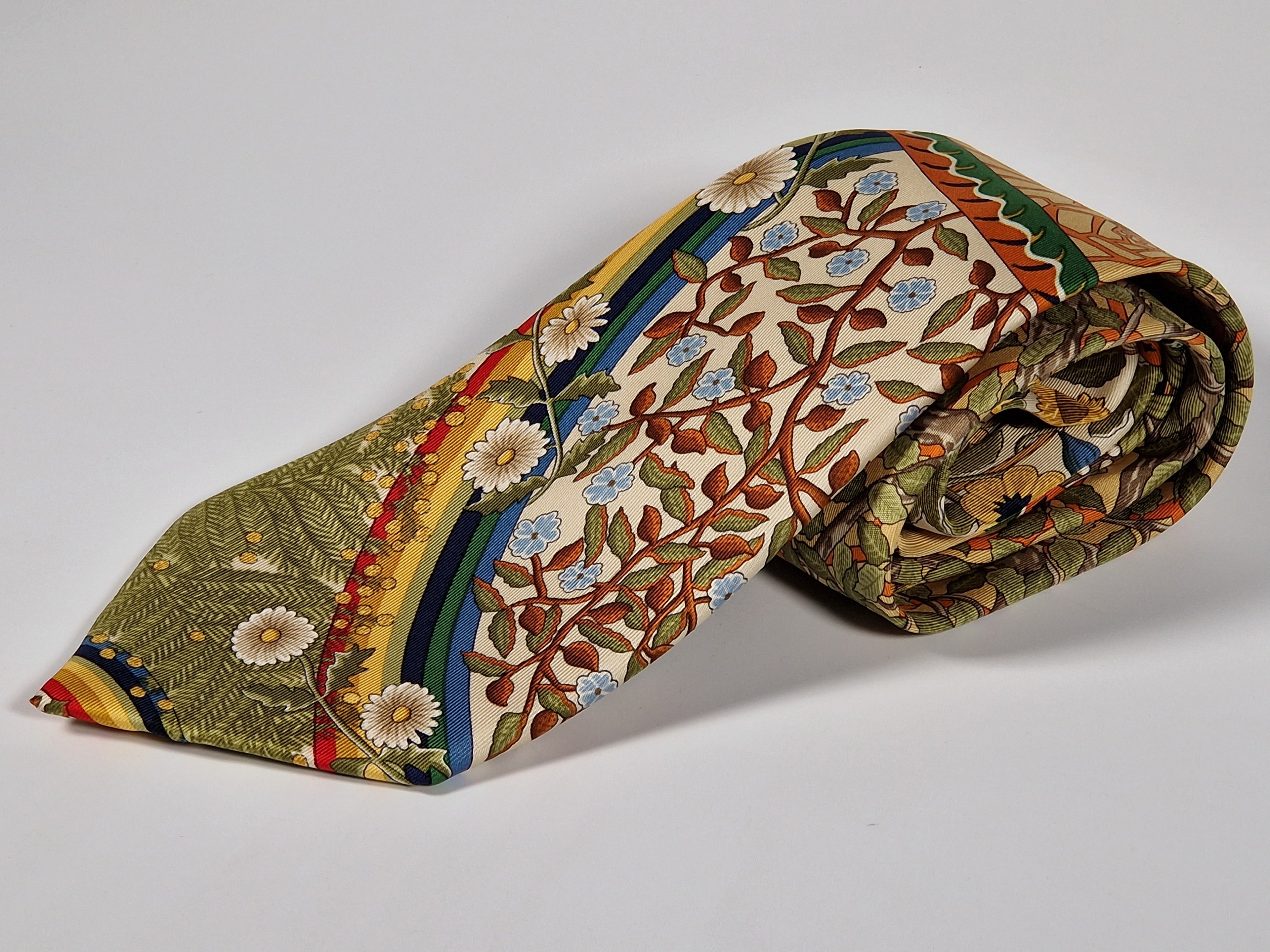 Hermès silk tie flowers trees and rainbow Hermès No Cod tie