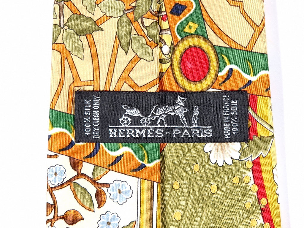 Hermès silk tie flowers trees and rainbow Hermès No Cod tie