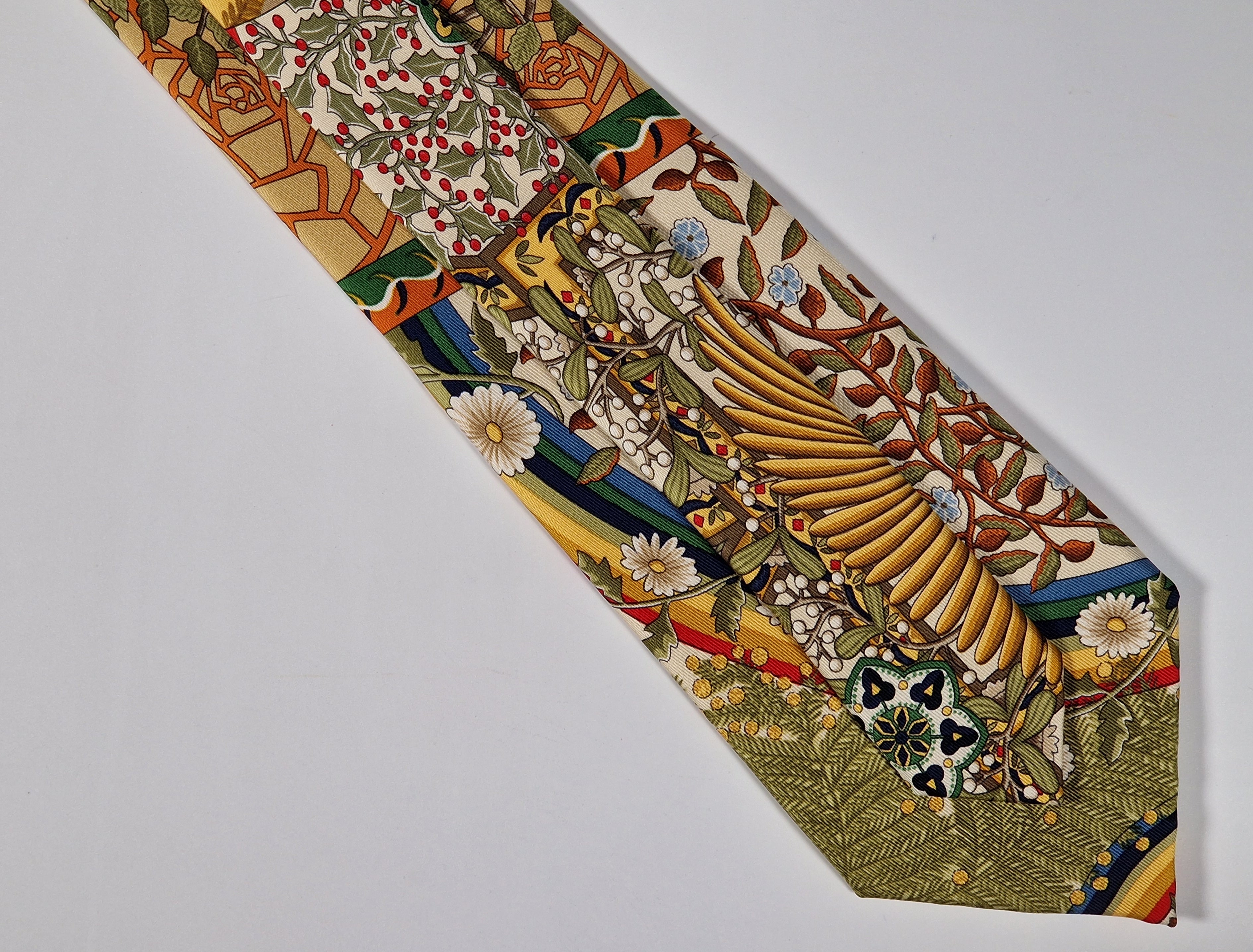 Hermès silk tie flowers trees and rainbow Hermès No Cod tie