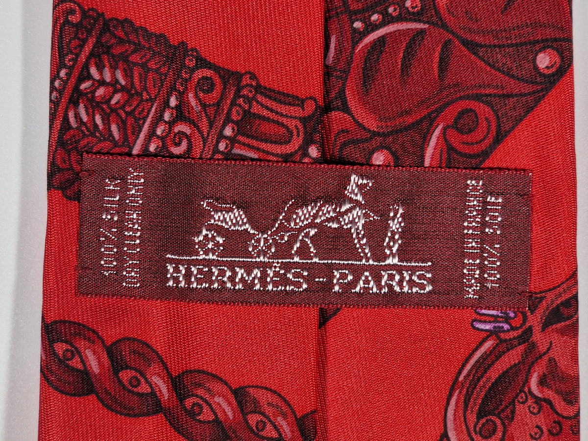 Scarf No code tie red Equestrian patter Hermés Tie with box