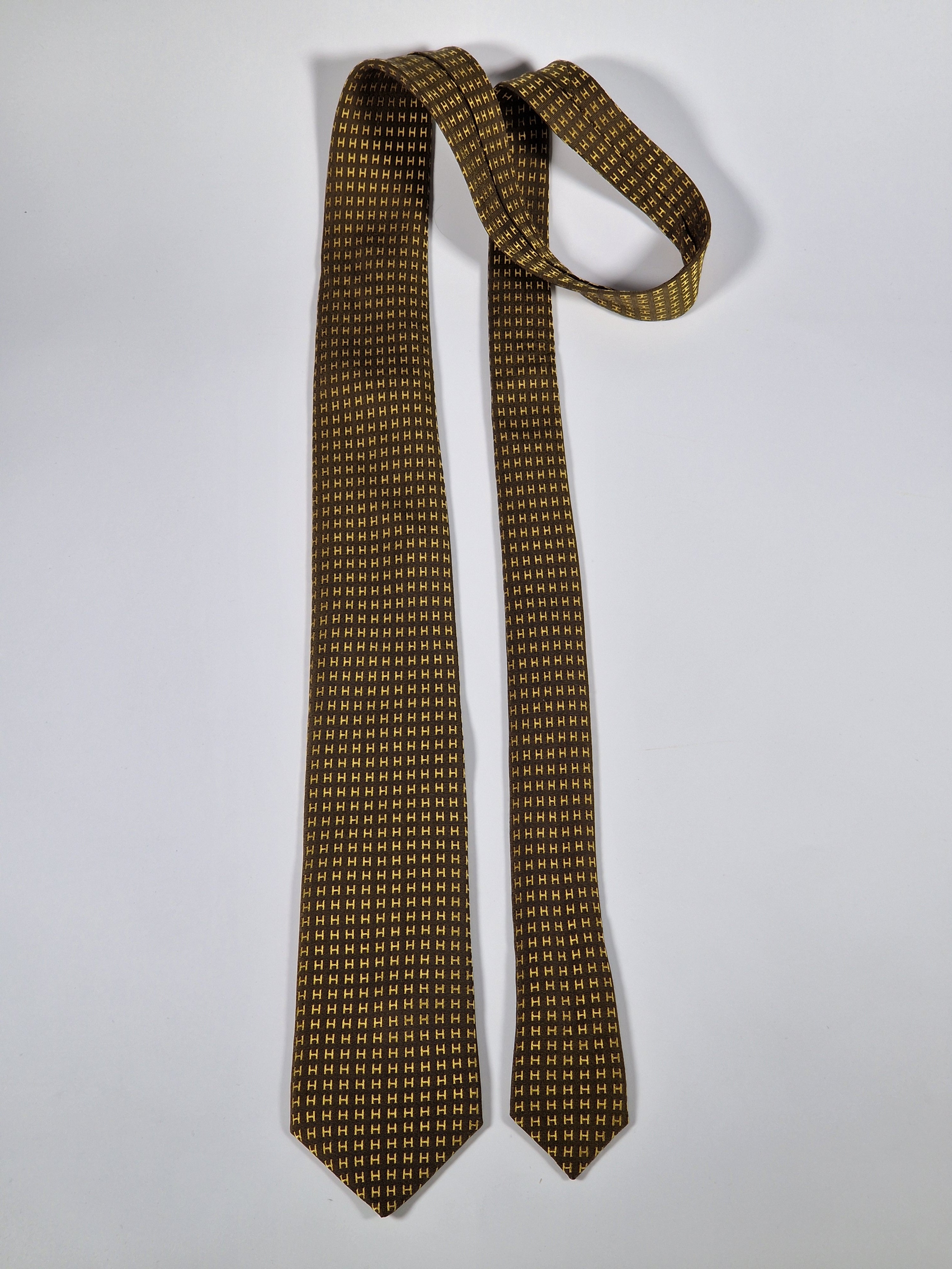 Hermés silk tie Brown Yellow metallic Facconee H