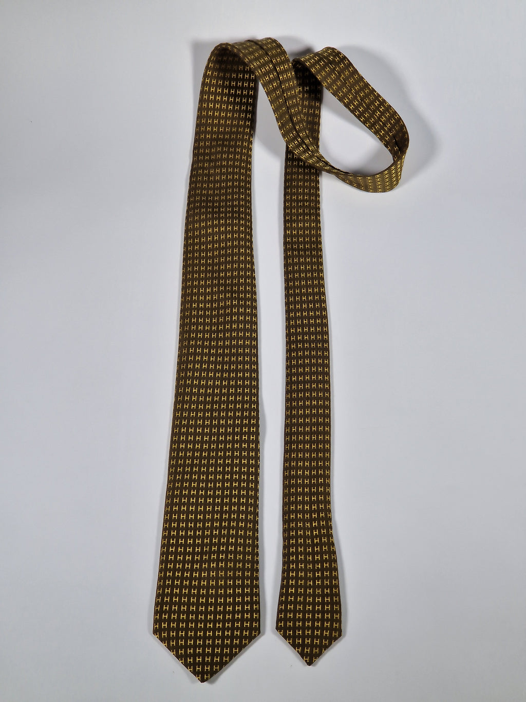 Hermés silk tie Brown Yellow metallic Facconee H