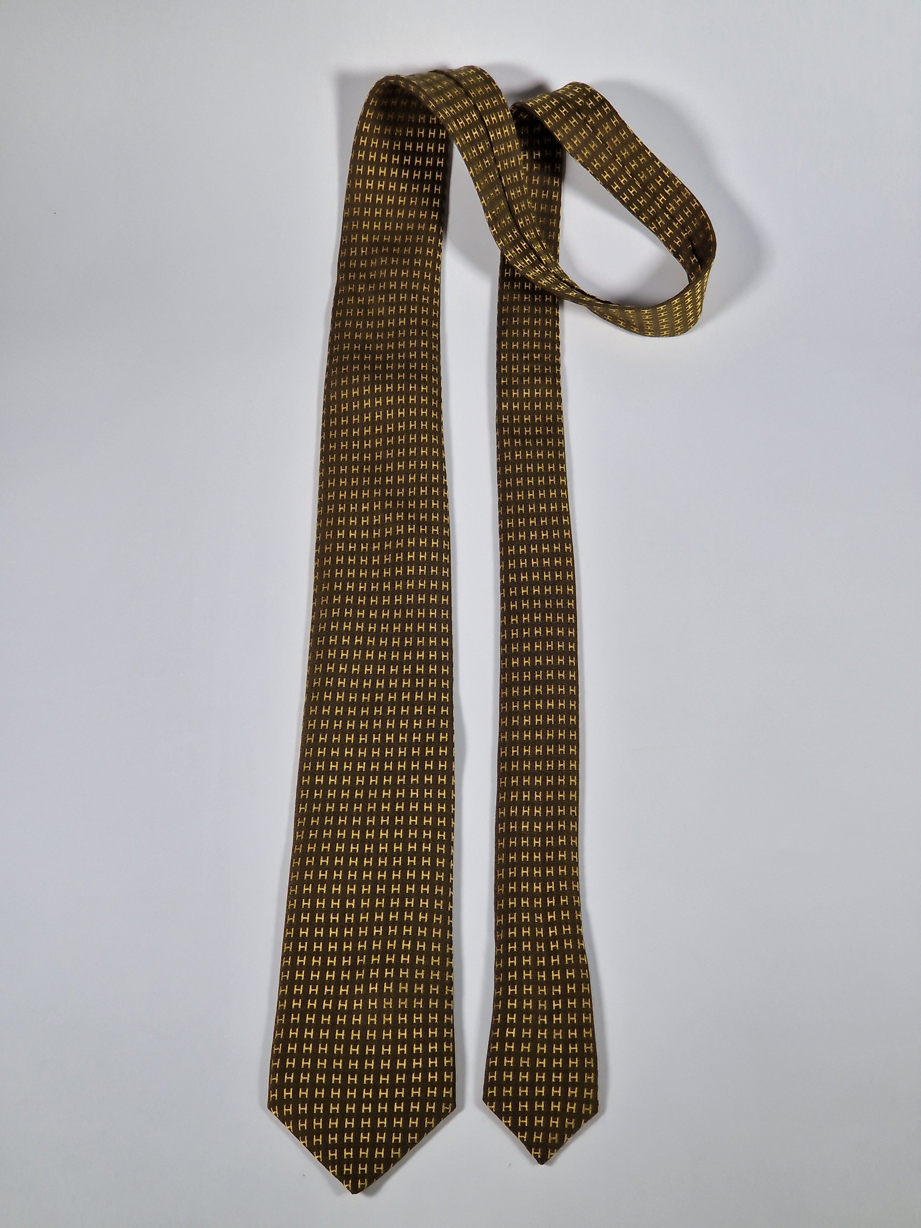 Hermés silk tie Brown Yellow metallic Facconee H