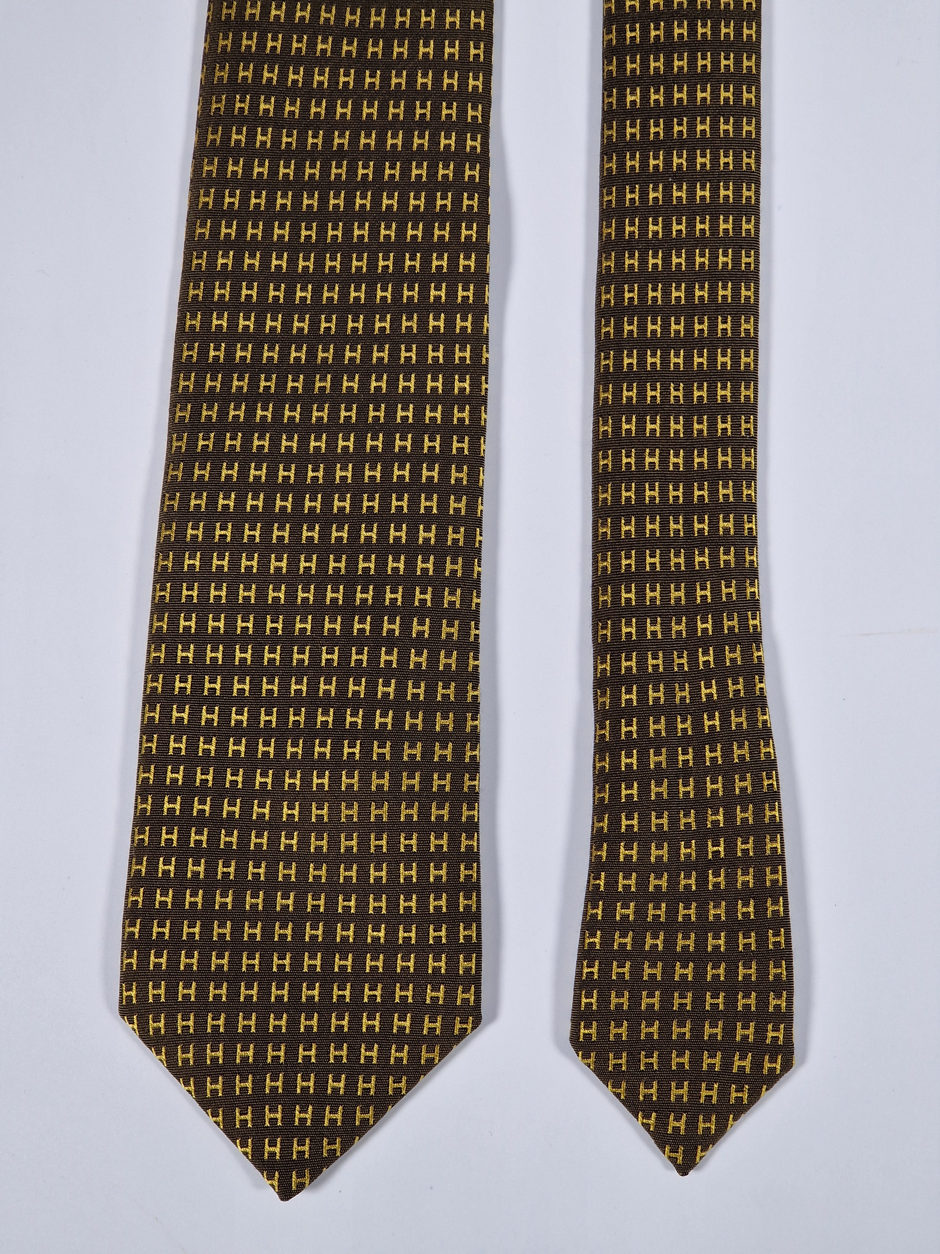 Hermés silk tie Brown Yellow metallic Facconee H