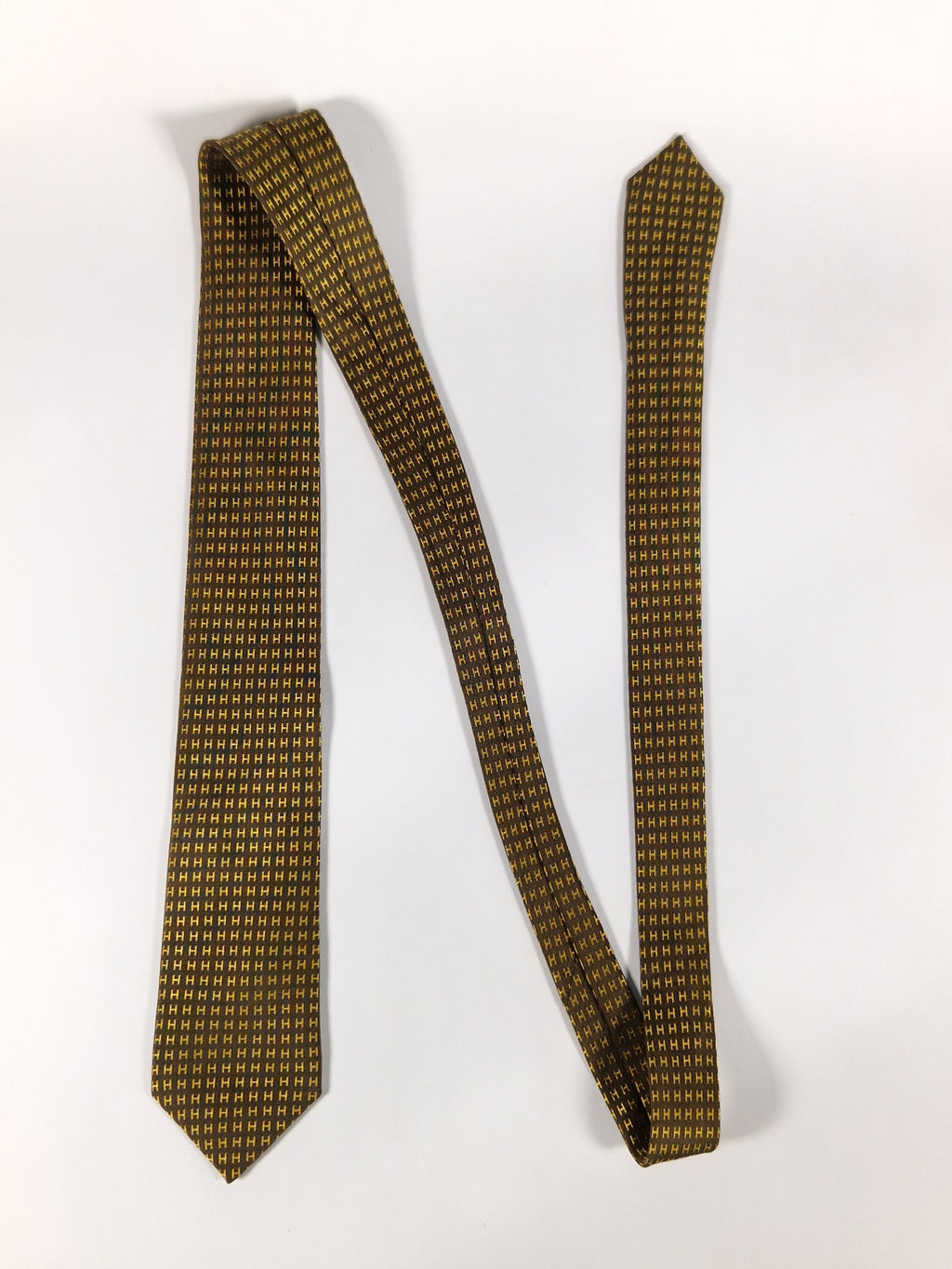 Hermés silk tie Brown Yellow metallic Facconee H