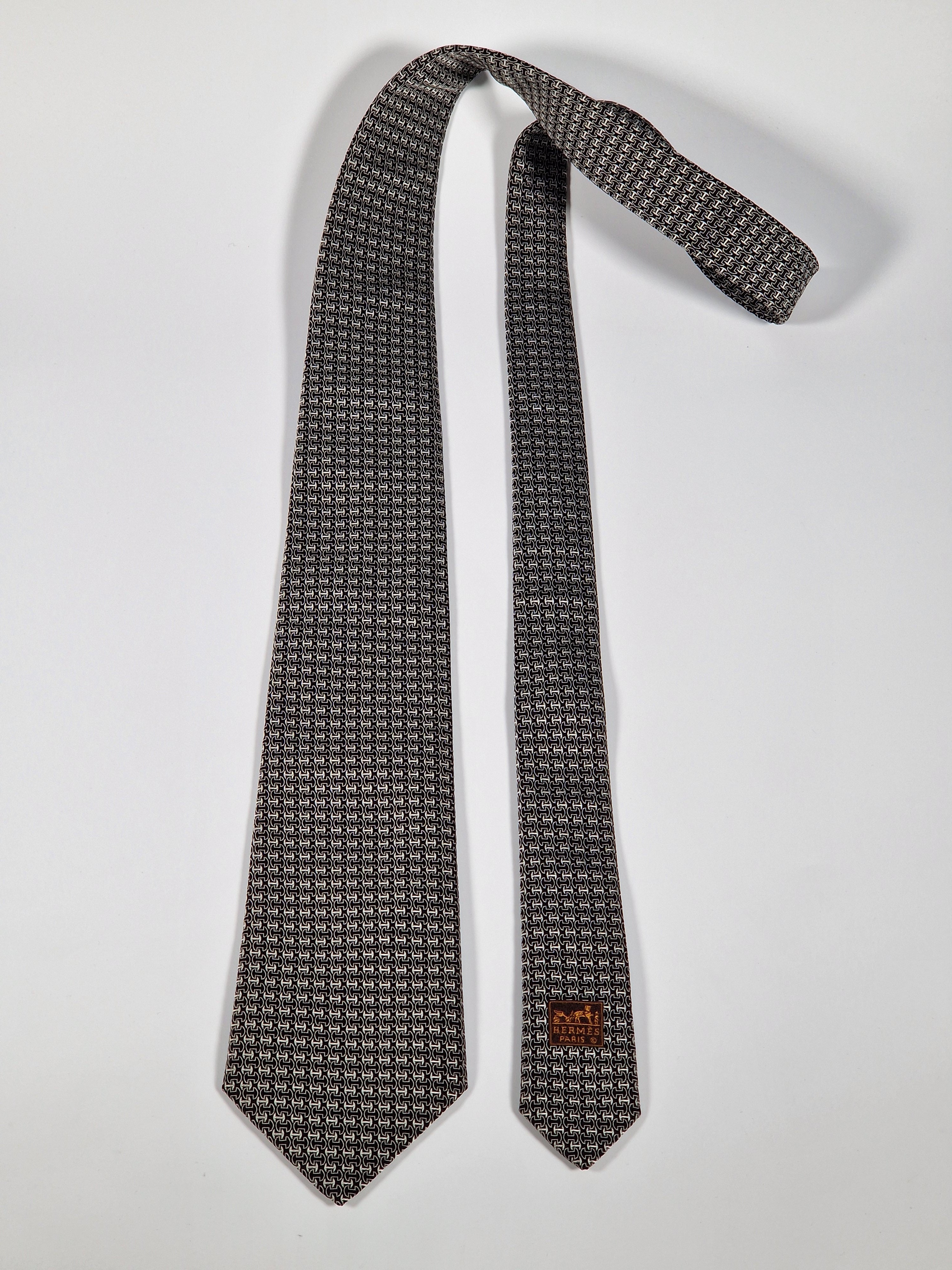 Hermès silk tie jaquard black and silver No Cod