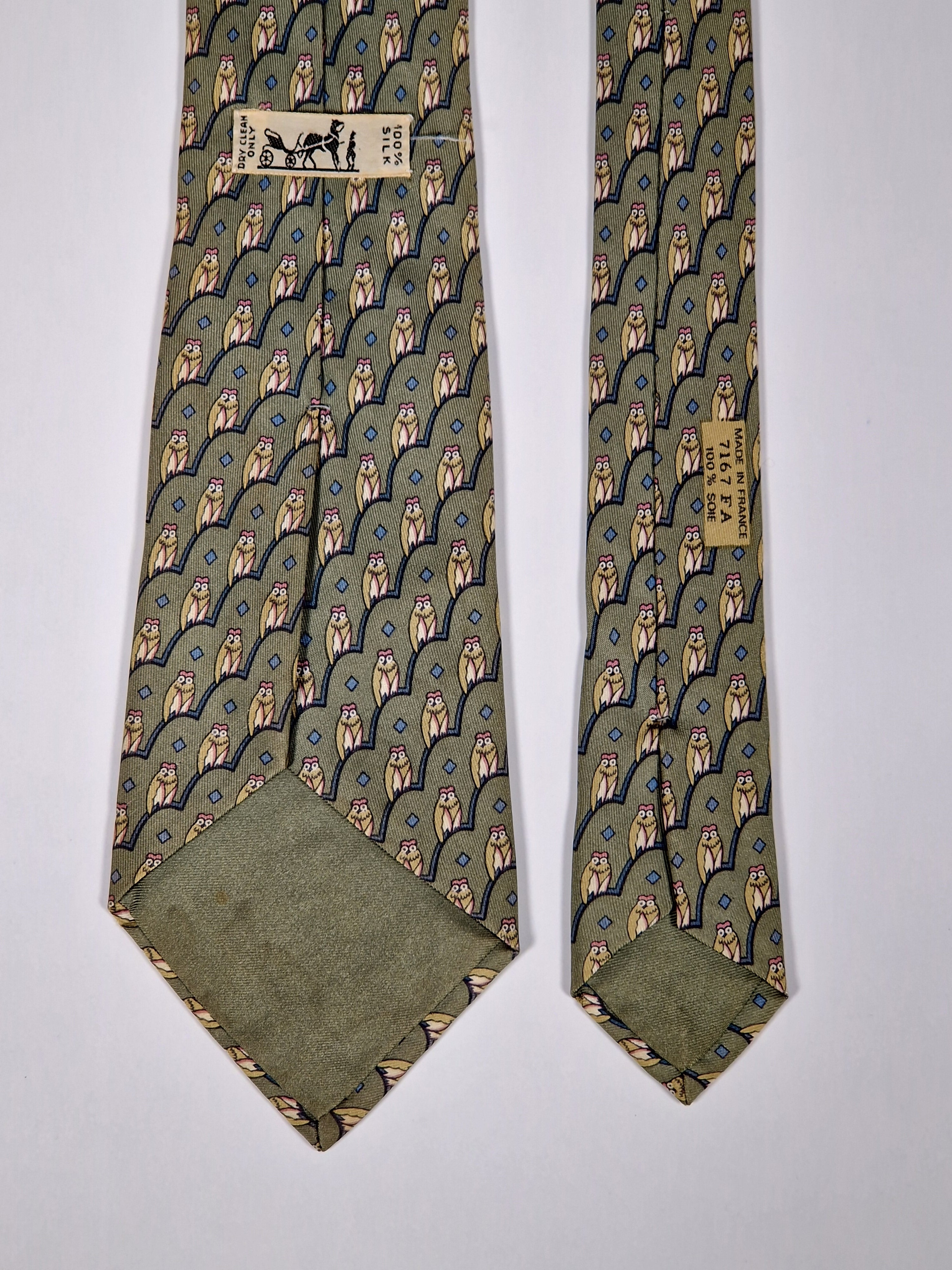 Hermès silk tie green owl pattern 7167 FA