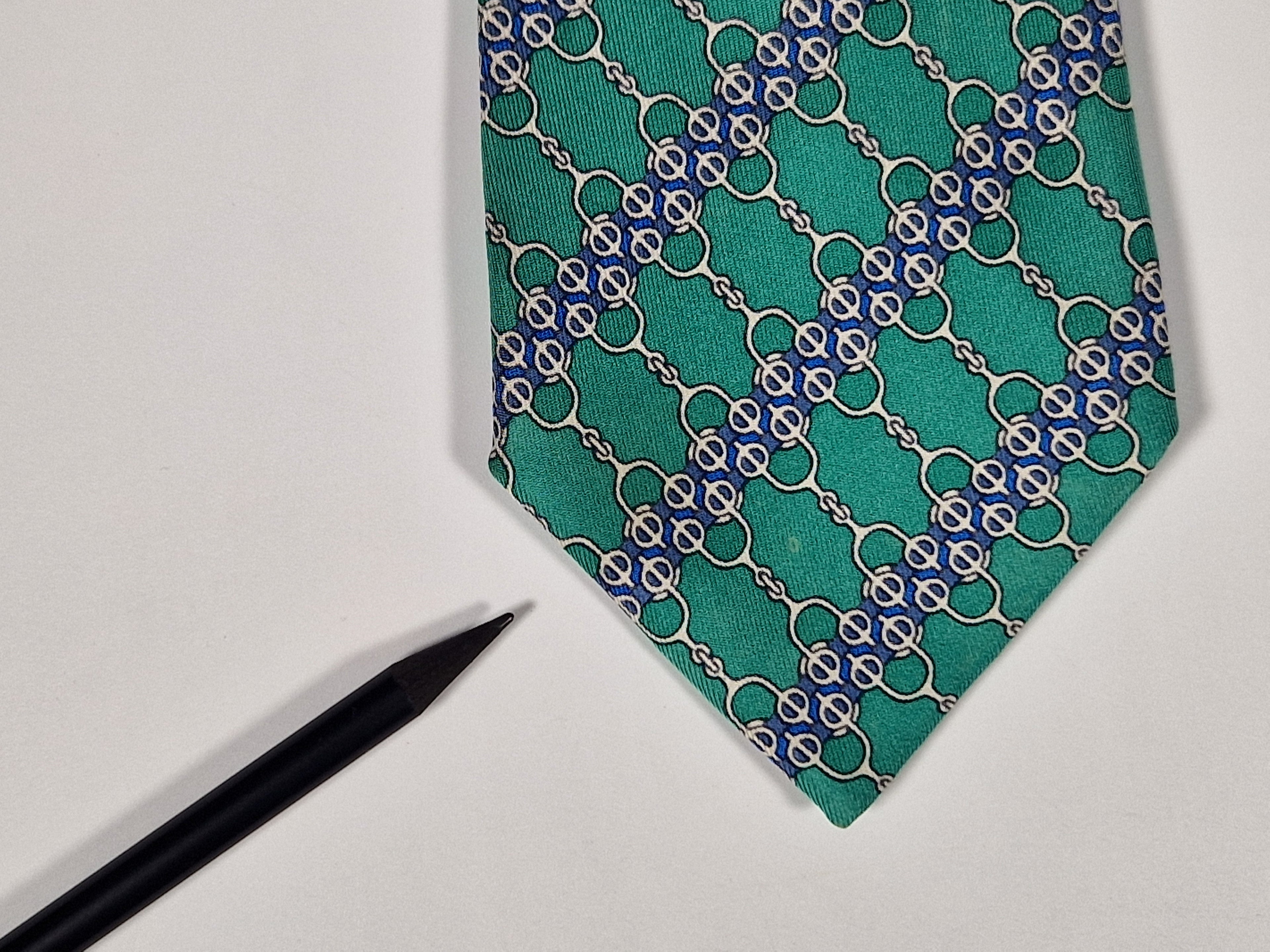 007077 Hermès silk tie green equestrian pattern 7077 OA