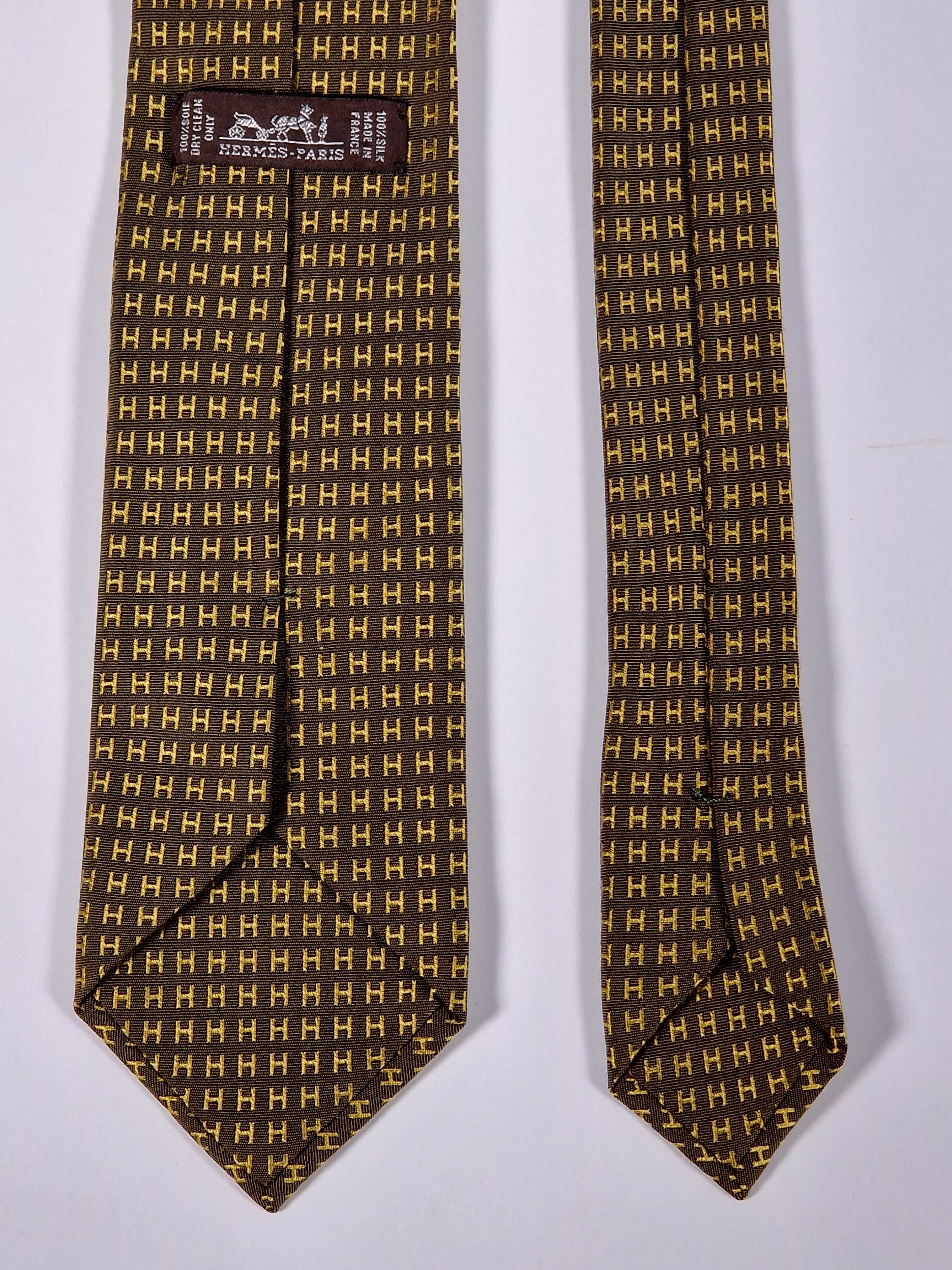 Hermés silk tie Brown Yellow metallic Facconee H