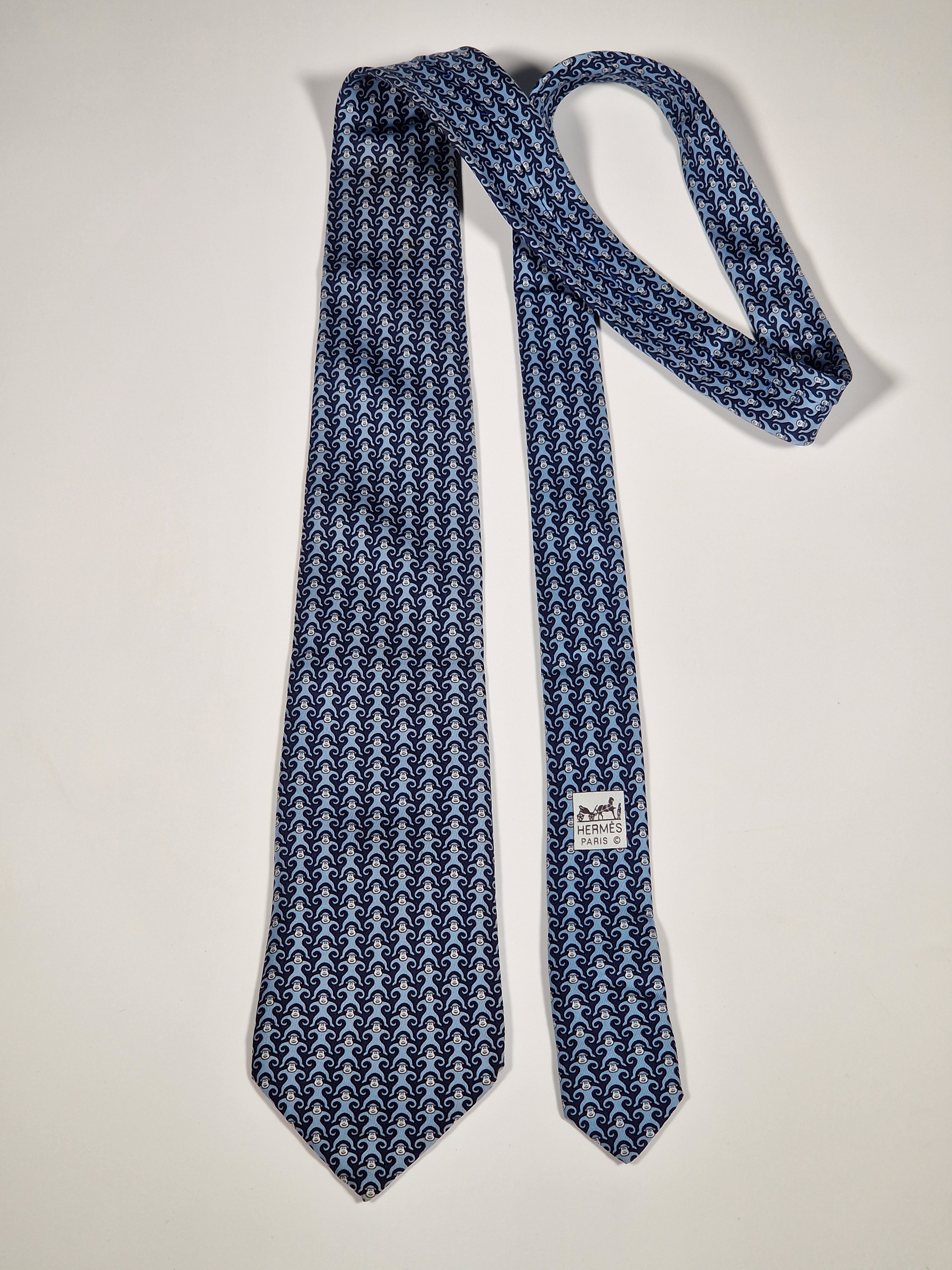 005384 Hermès silk tie blue whimsical monkeys 5384 OA